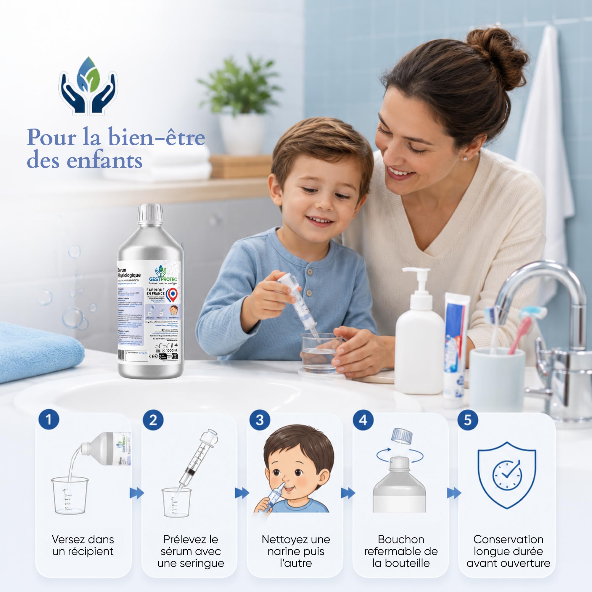 Sérum Physiologique Bouteille 1L x12 – Grand Format – Labo Français | Lot 12x1L – stock longue durée – solution saline 0,9% NaCl – eau purifiée – irrigation externe nez – labo français
