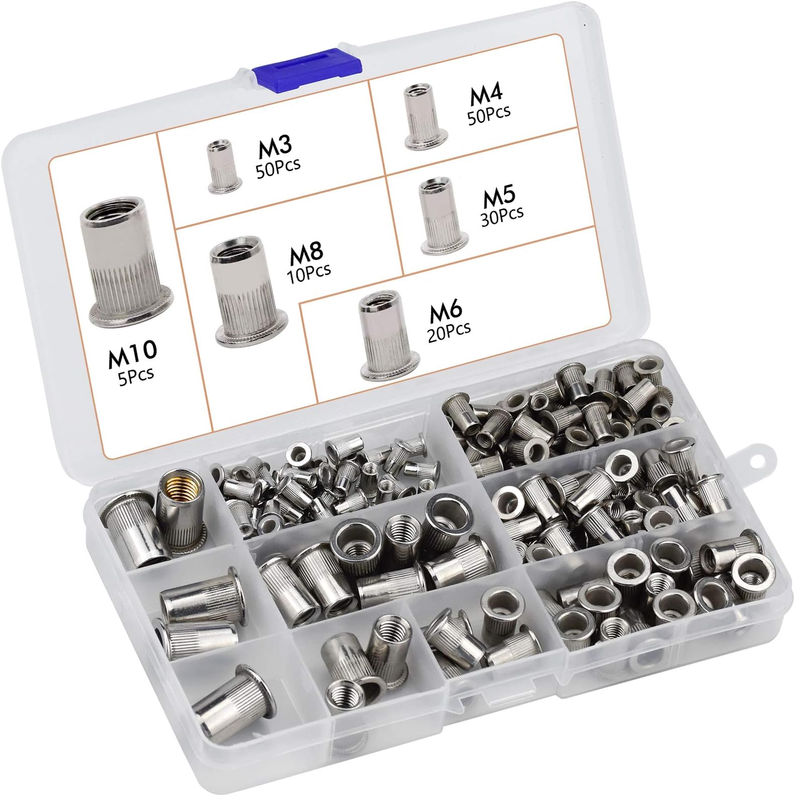NATEE Stainless Steel Rivet Nut Flat Head Threaded Insert Rivnut, 304 Stainless Steel Rivet Nut, Nut Assortment Kit, Blind Rivet Nuts Rivnut Tools M3 M4 M5 M6 M8 M10, 165 Pack