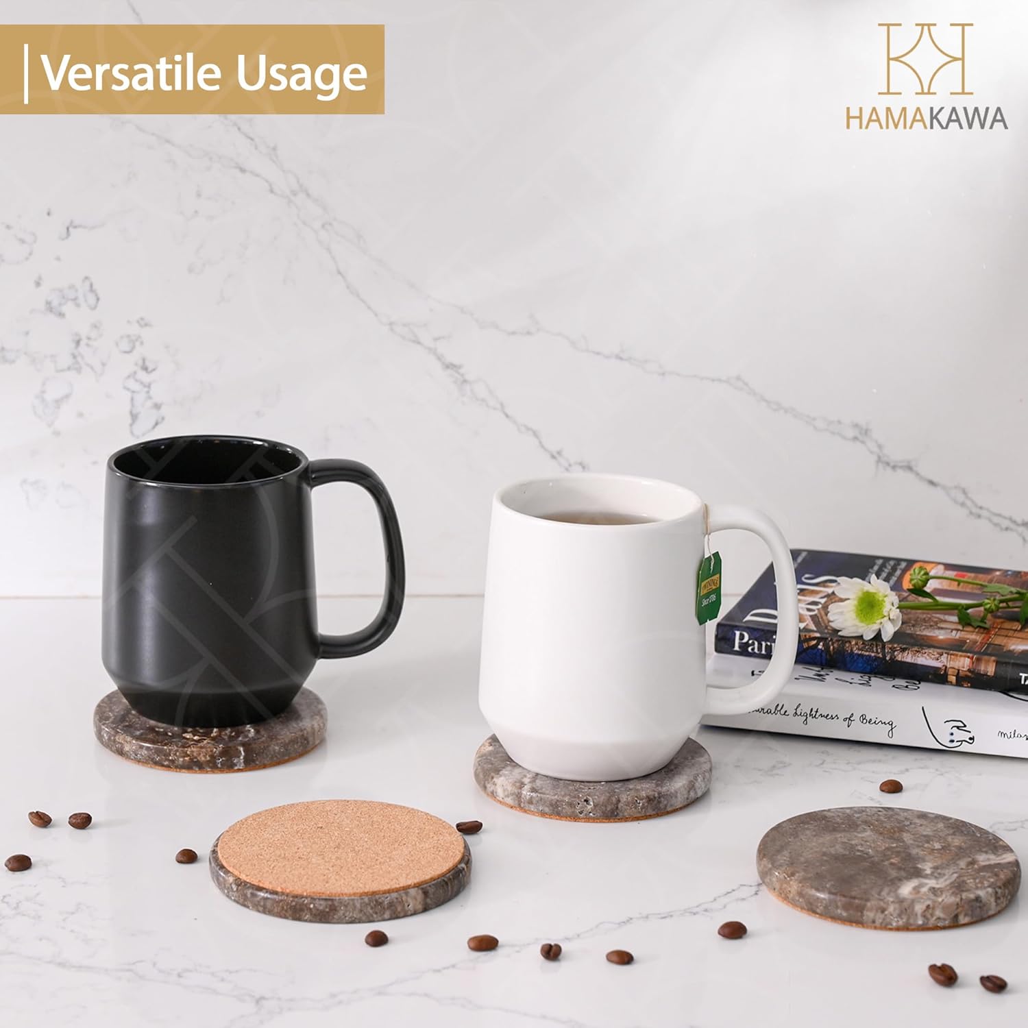 Natural Marble Coasters Set of 4, Round Travertine Coasters 4 Inch, Modern Gray Stone Coaster, Vintage Drink Coaster for Home Decor, Coffee Table, Office