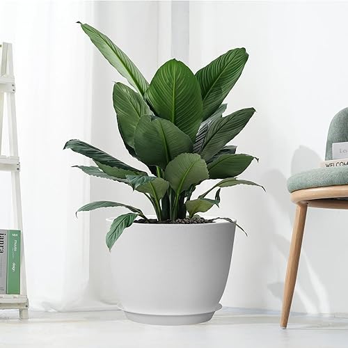 Miniatura 7 de 12inch Large Plant Pot, Modern Plastic Planter with High Driange Holes and Saucer for Indoor Outdoor Garden Plants and Flowers, White