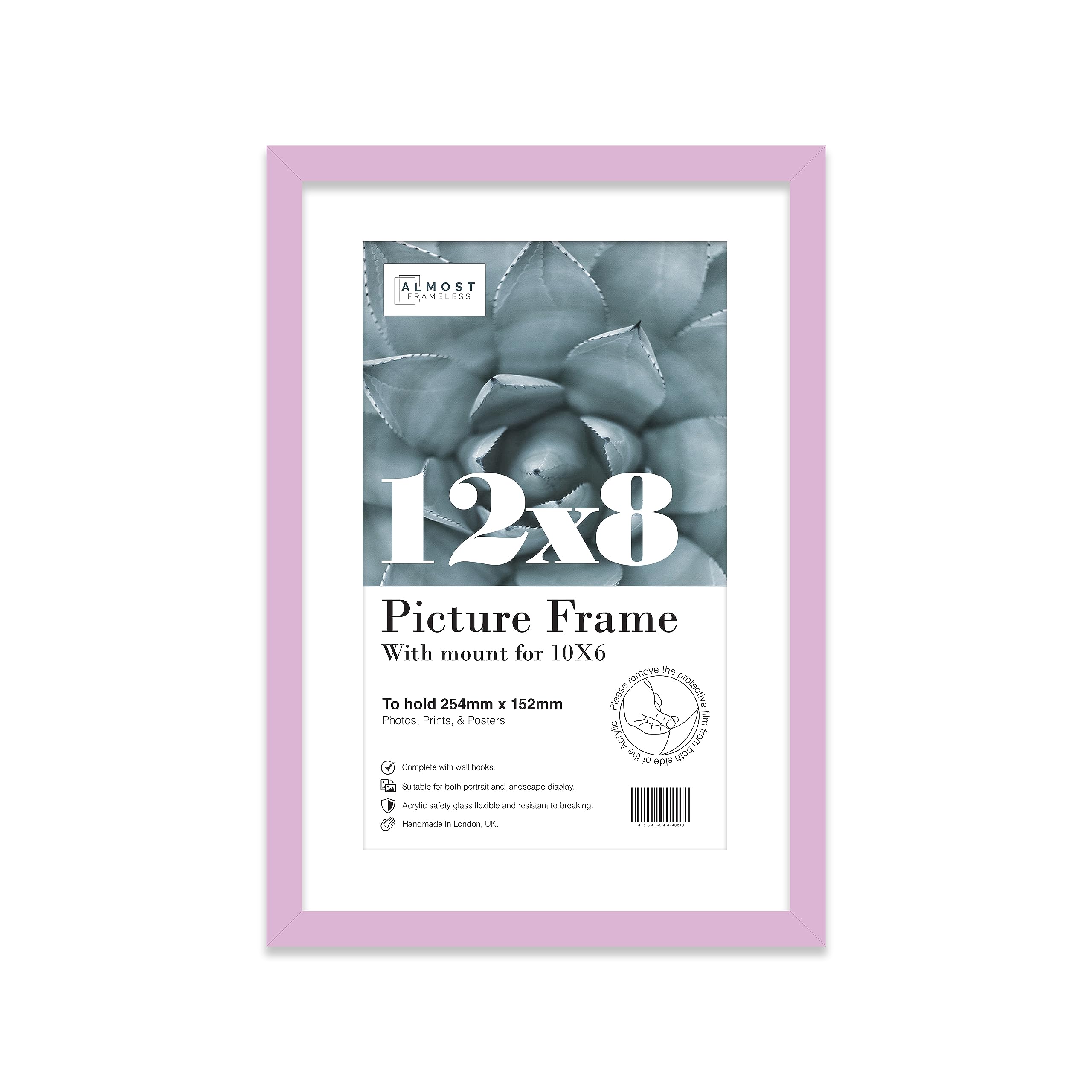 Almost Frameless 12x8 Lilac Picture Frame With Mount for 10x6 Print, Poster or Photo Poster, Photo, Artwork, or Print. Thin Edge Slim Frame Portrait and Landscape Display with Wall Hooks