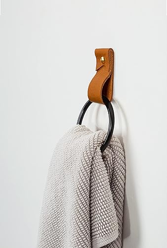 Miniatura 5 de Bathroom Fixture Kit includes leather & wood Toilet Paper Roll Holder, Bath Towel Rail, leather & brass hanging Hand Towel Ring hook with gold