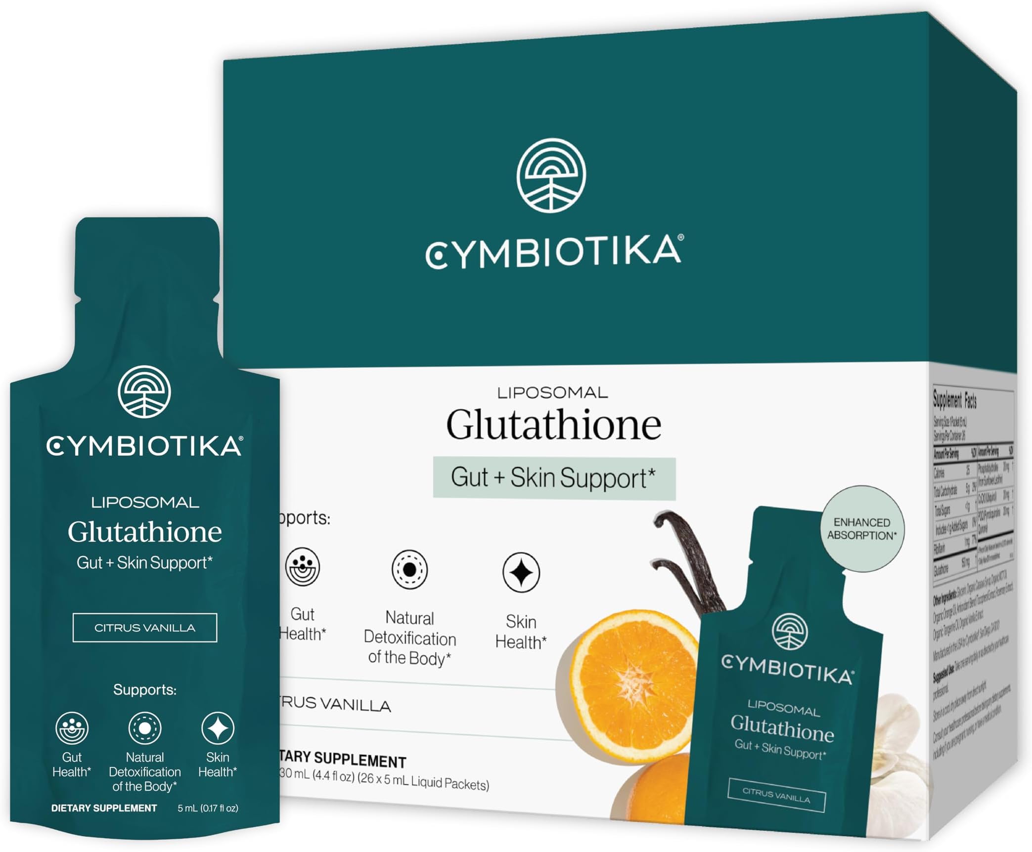 CYMBIOTIKA Liposomal Glutathione Supplement - Master Antioxidant for Anti Aging, Detox, Brain, Energy & Immune Support, Advanced Liposomal Delivery, Citrus Vanilla, 1 Month Supply