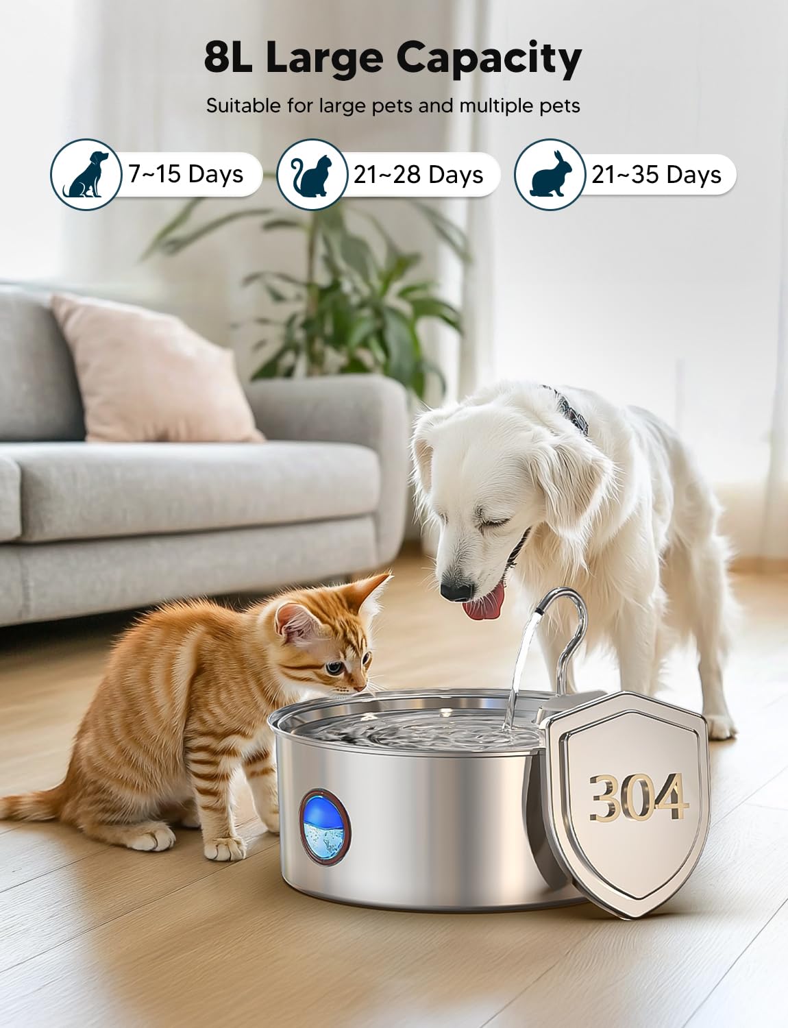 Dog Water Fountain for Large Dogs- 270oz/8L Stainless Steel Dog Water Bowl Dispenser Automatic Pet Water Fountain with Ultra-Quiet Pump/Quadruple Filtration for Dogs, Cats, Multiple Pets - image 2