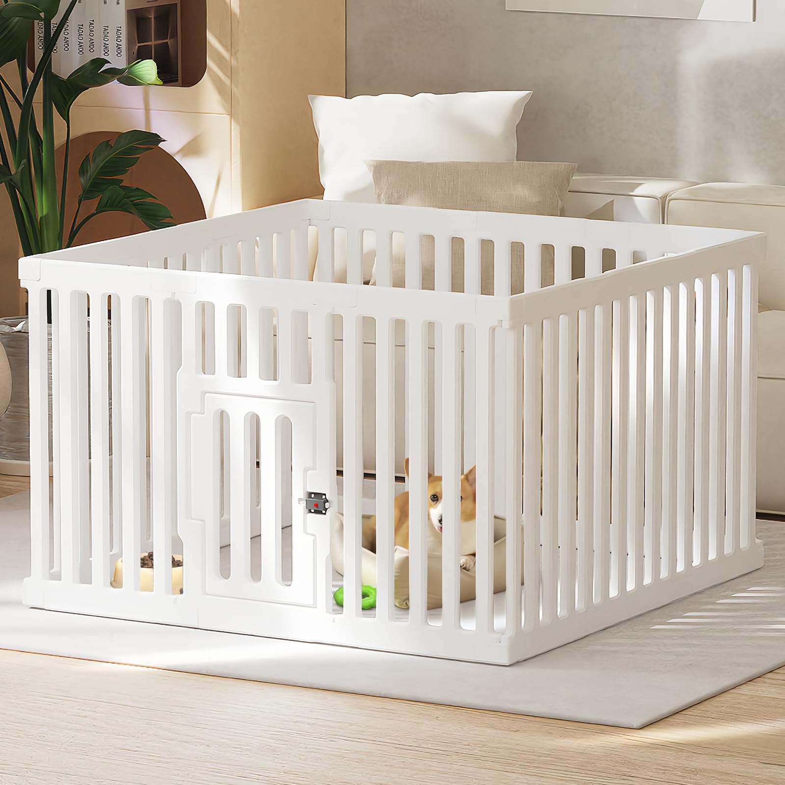 Dog Playpen with Locking Door - 12 Panel Indoor Puppy Play Pen & Pet Fence, 25.6 Inch Height Portable Playpen for Small Medium Dogs & Cats, Easy Set Up, Durable Plastic, White