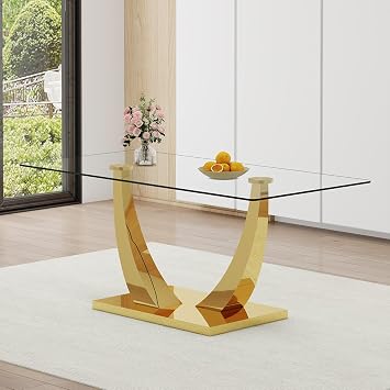 71 Glass Dining Table, Large Dining Room Table for 6-8, Gold Kitchen Table for Dining Room,0.4 Thickened Tempered Glass Top with Golden Rectangular Base