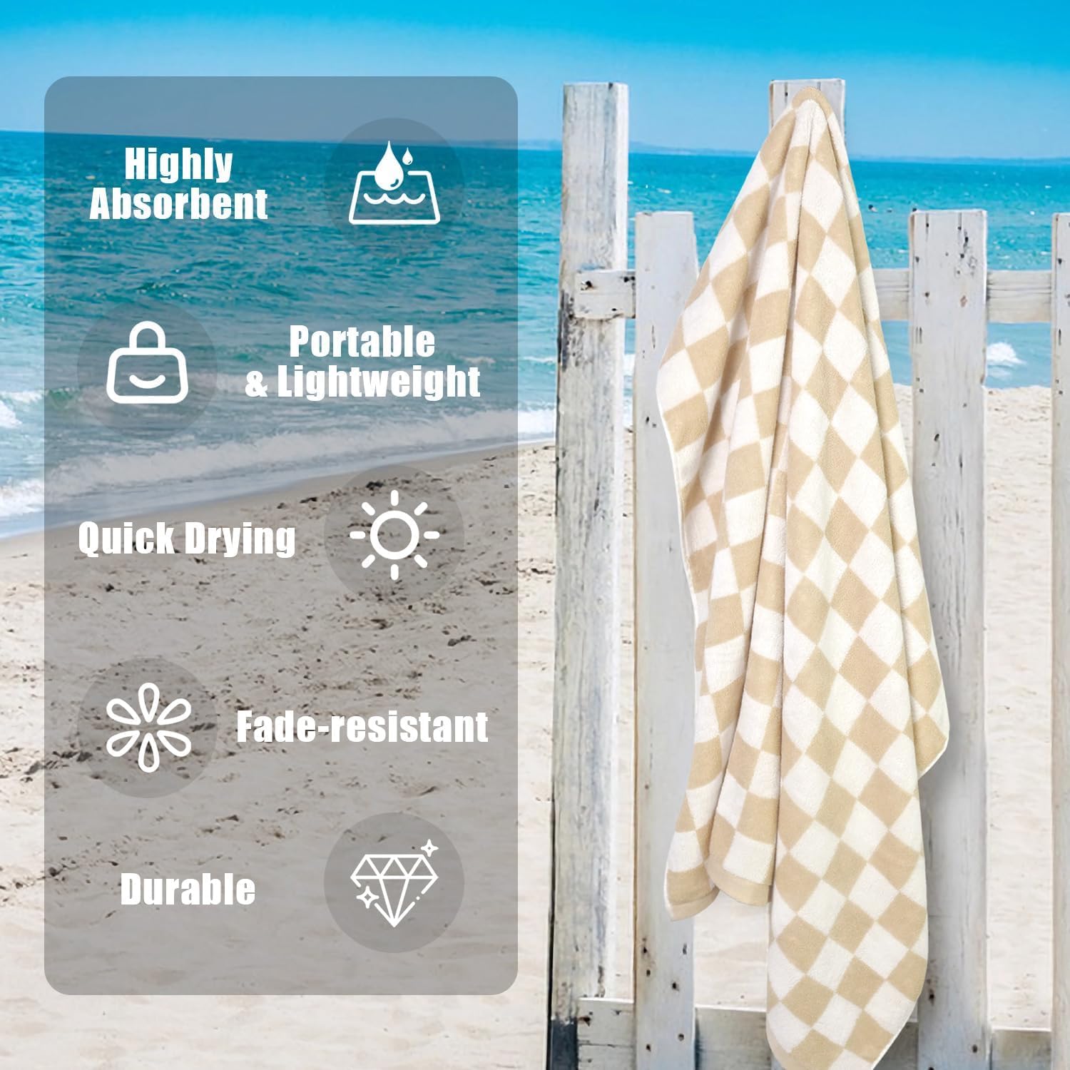 Jacquotha Checkered Beach Towel Oversized 35" x 70" (Sand) - Extra Large Quick Dry Cotton Pool Towel for Men Women Adults, Neutral Bathroom Decor, 1 Pack