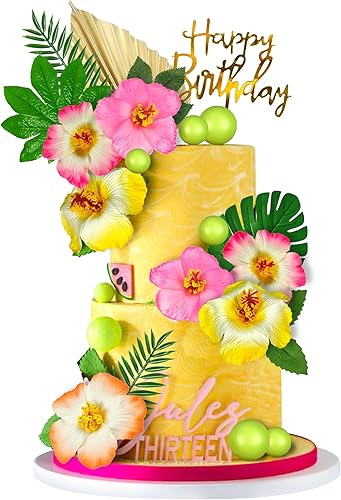 Miniatura 8 de 23 piezas de decoración de pastel de flores hawaianas con hojas de palma, hibisco, bolas de flores para Hawaii, Aloha, selva, temática de verano,