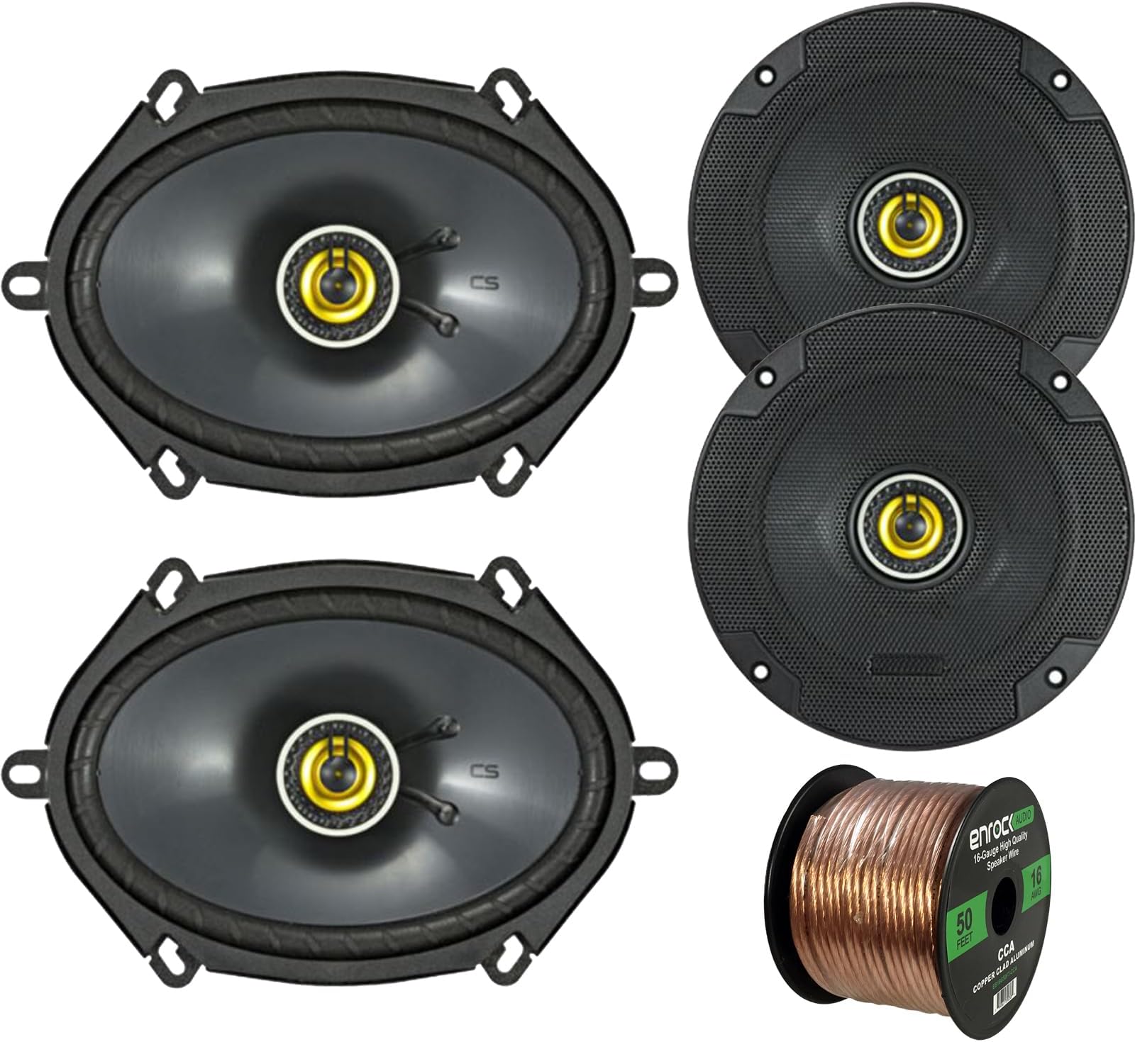Car Speaker Set Combo Of 2 Kicker 46CSC654 6.5" 600W 2-Way CS-Series Car Audio Speakers, 2 Kicker 46CSC684 6x8" 450W 2-Way Car Coaxial Stereo Speakers, Enrock 50 Foot 16-Gauge Speaker Wire