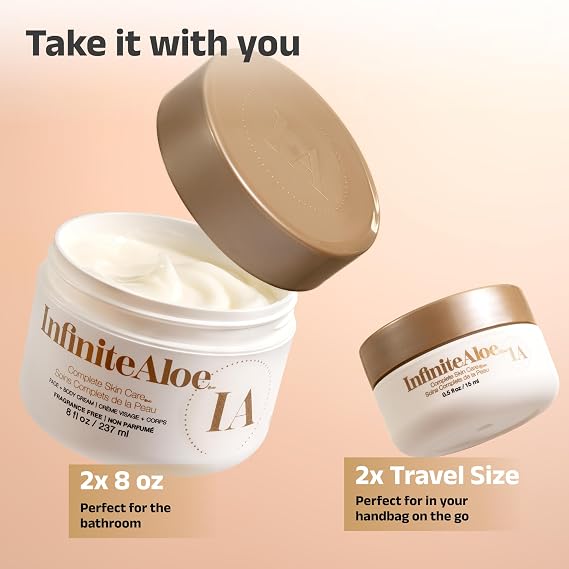 InfiniteAloe Complete Skin Care, Aloe Vera Powered Face and Body Cream for Dry Skin Relief, Fragrance Free - 2 Large Jar 8 oz & 2 Travel Jar 0.5 oz