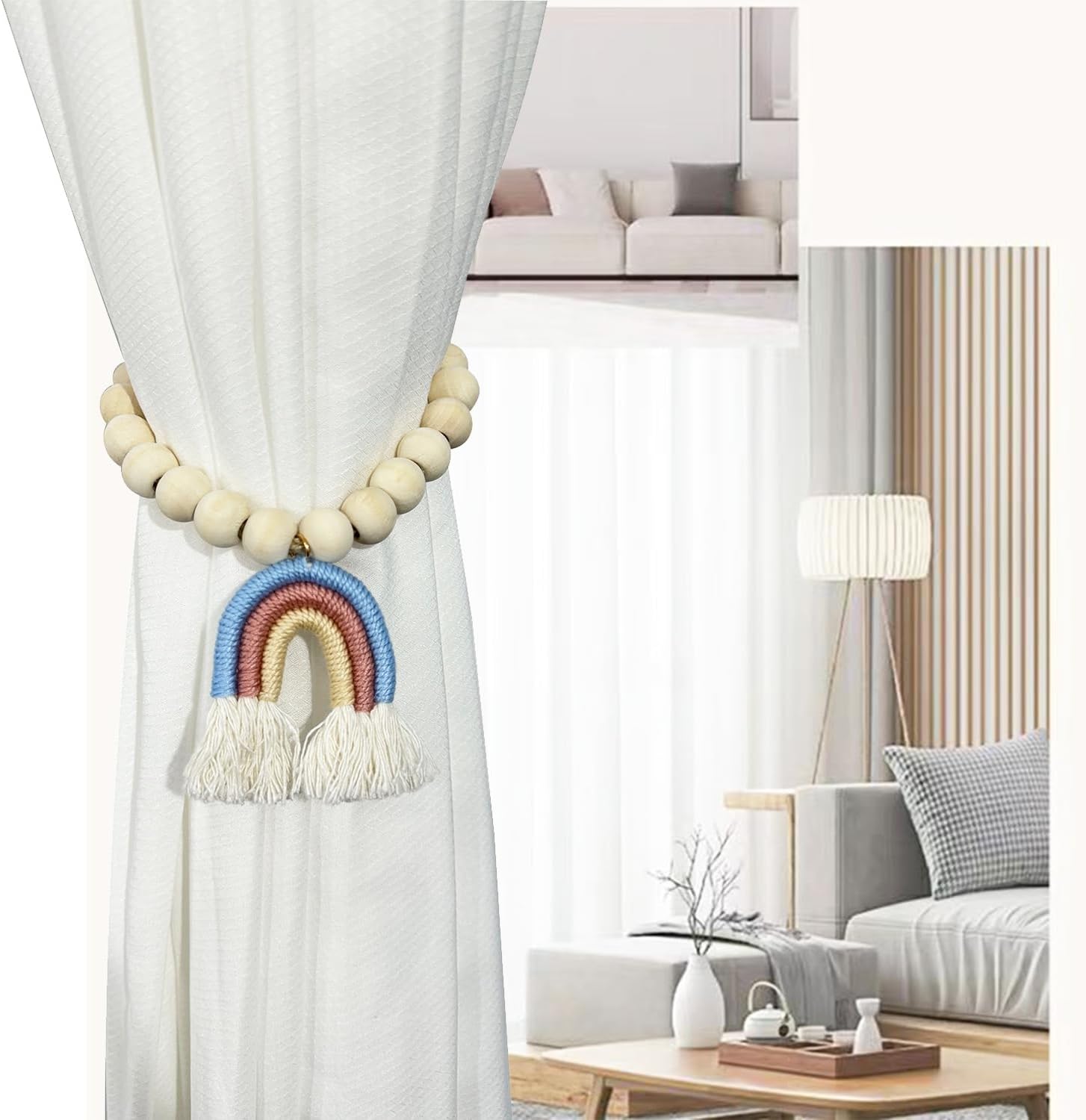 2 Pieces Wooden Beaded Curtain Tiebacks, Tassel Curtain Buckles Magnetic Curtain Buckles, Rainbow Tassel Curtain Tiebacks No Punch Decoration (Red) image 5