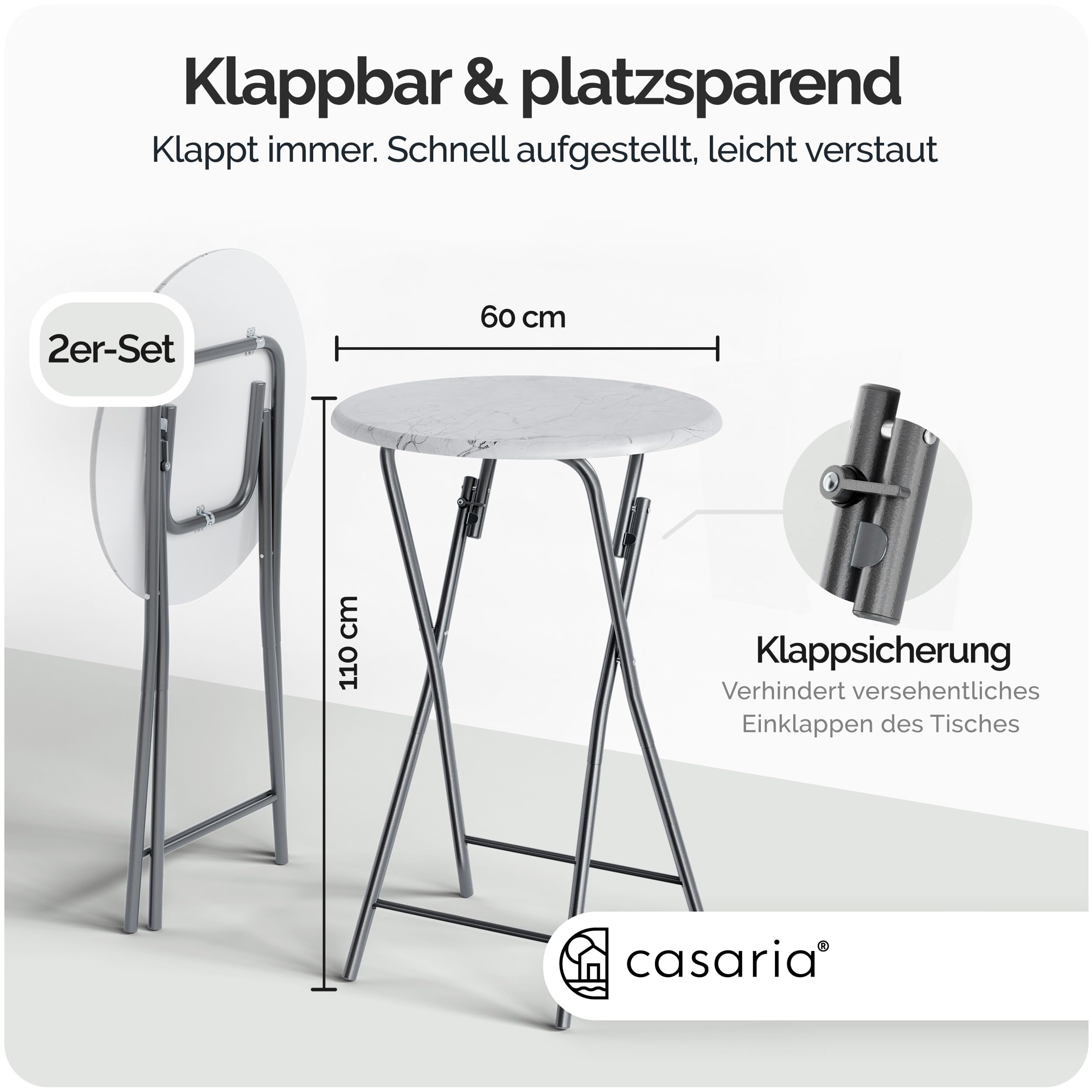 Casaria® Stehtisch 2er Set Klappbar Höhe 110cm Ø 60cm Marmor Optik Beistelltisch Klapptisch Bartisch Cocktail Party Rund Hochtisch Gartentisch weiß