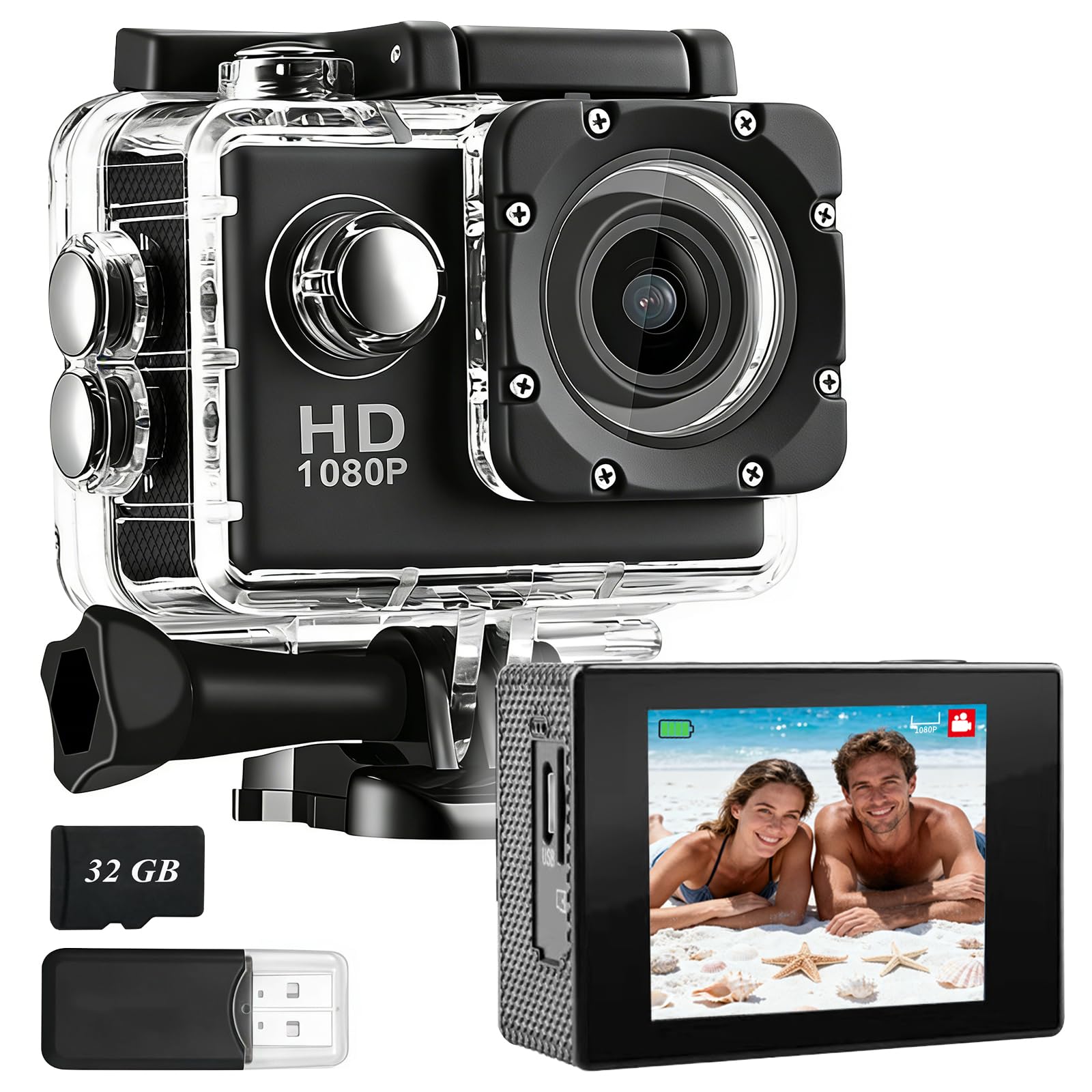 Caméra Sport 1080P Etanche 30M Grand Angle avec Carte Mémoire 32GB et Deux Piles Rechargeables 900mAh