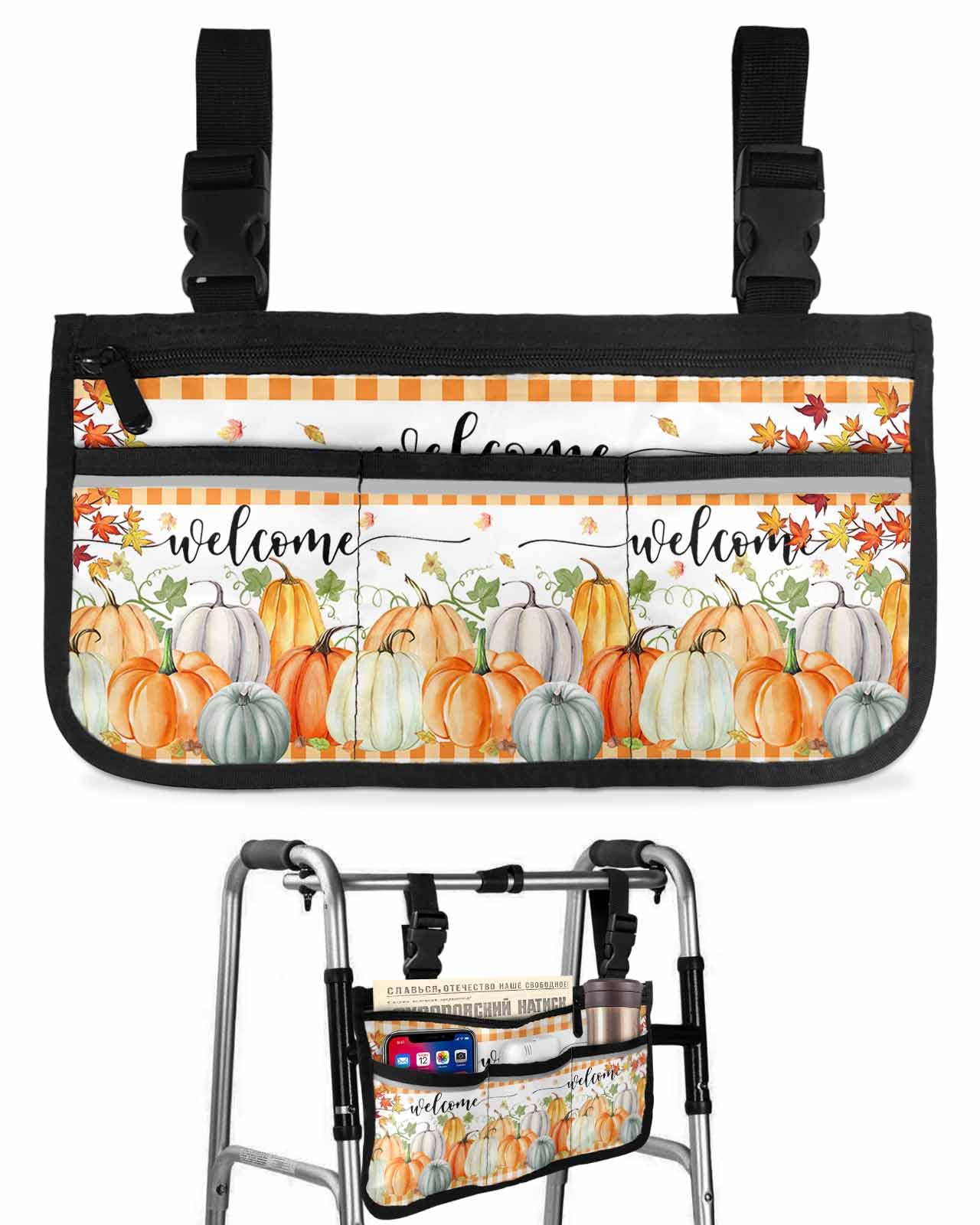 Anzona Fall Pumpkin Wheelchair Side Bag Walker Bag, Autumn Maple Leaf Orange Plaid Wheelchair Accessories Armrest Pouch, Organizer Storage Bag for Walkers, Rollators, Scooters, 7.3''x13''