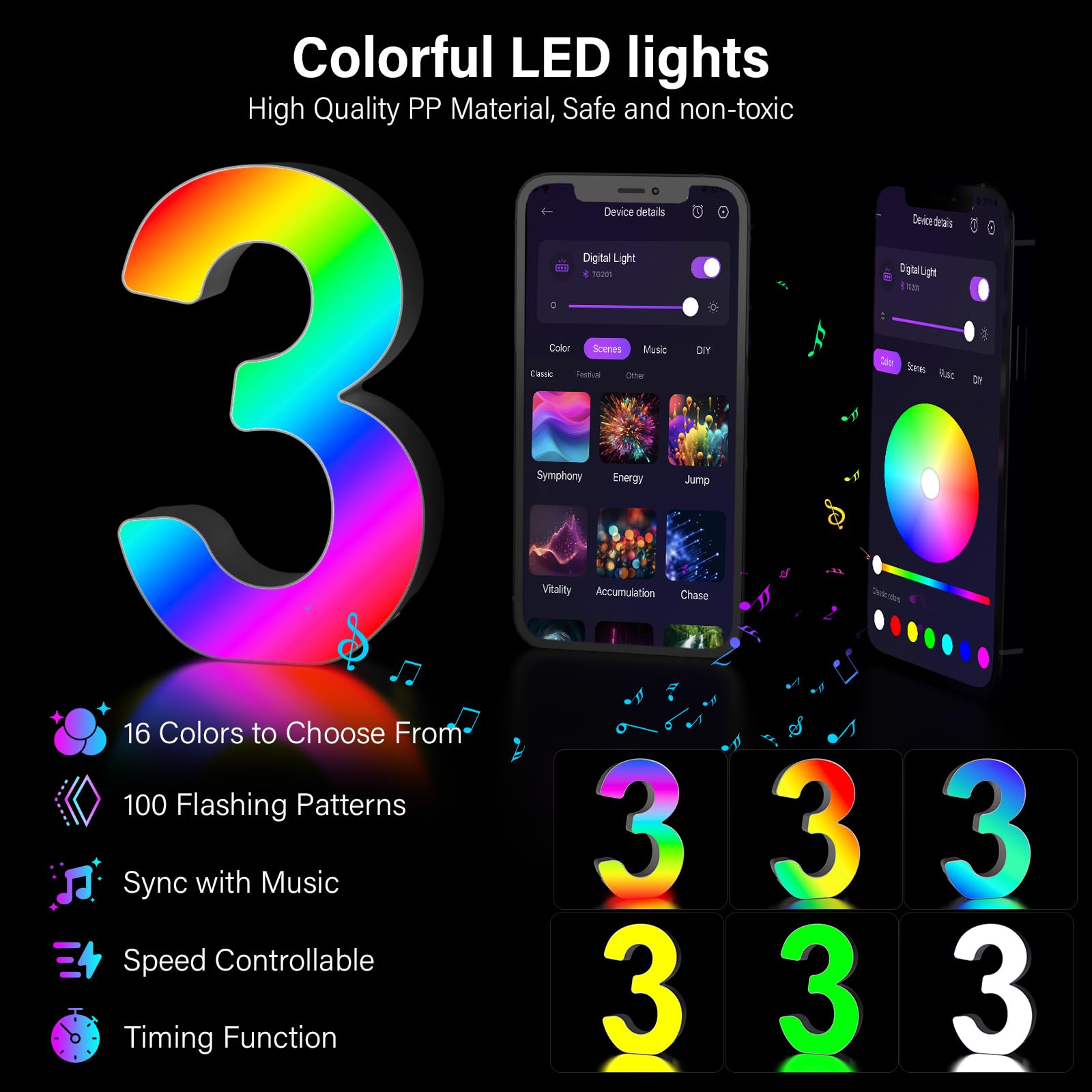 Numeri Luminosi LED con USB - 0-9 Numeri RGB con APP Controllo, Insegne Luminose Colorate per Decorazione, Compleanni, Matrimoni, Feste, Bar, Atmosfera，Numero - 3