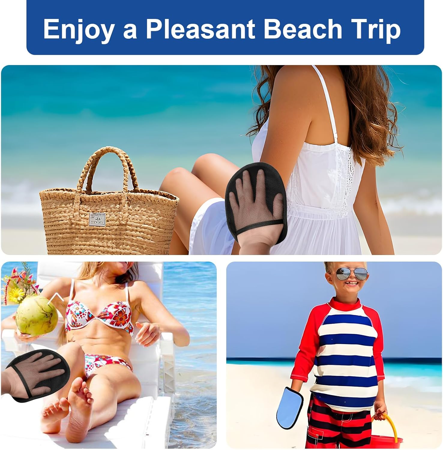 4 Pcs Sand Brush Remover for Beach, Quick Dry Soft Mitts for Sand Removal, Ideal for Adults Kids Family Travel Beach Days Lake Trips, 2 Blue 2 Pink