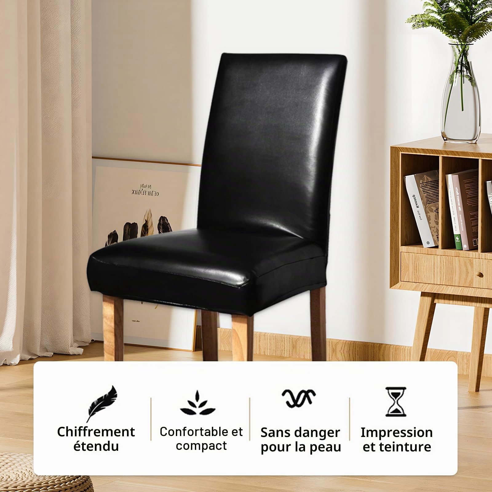 Lot de 4 Housse de Chaise Extensible, Simili Cuir Couverture Protecteur de Chaise Salle a Manger Amovible pour Hôtel Salle à Manger Cérémonie Banquet Fête de Mariage Décor (Noir)