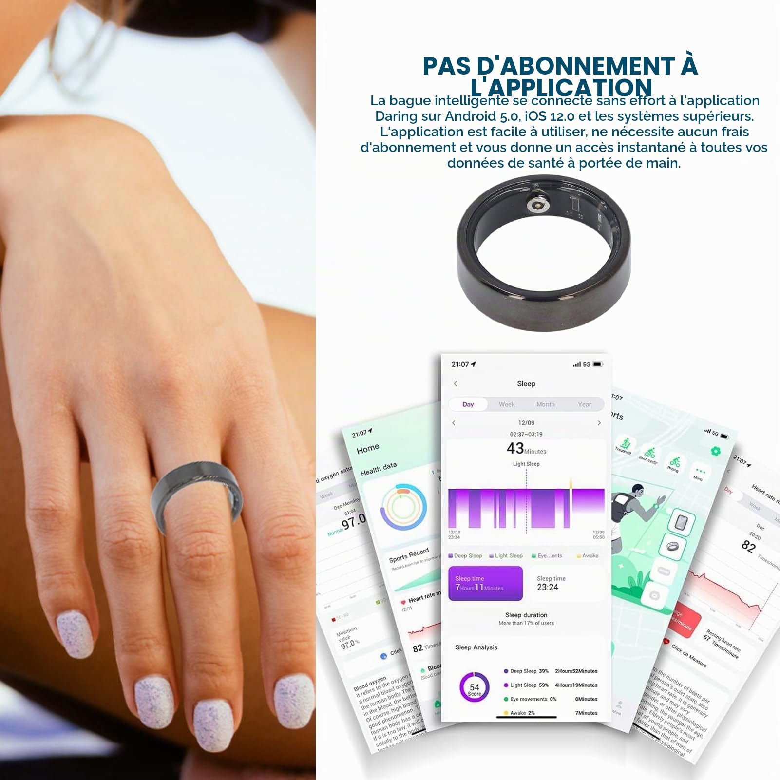 Garsent Bague Intelligente pour Hommes et Femmes, Tracker d'activité étanche IP68, Surveillance du Sommeil, Anneaux Intelligents de Sport à la Mode, Application pour (22,3 mm/0,88 Pouces)