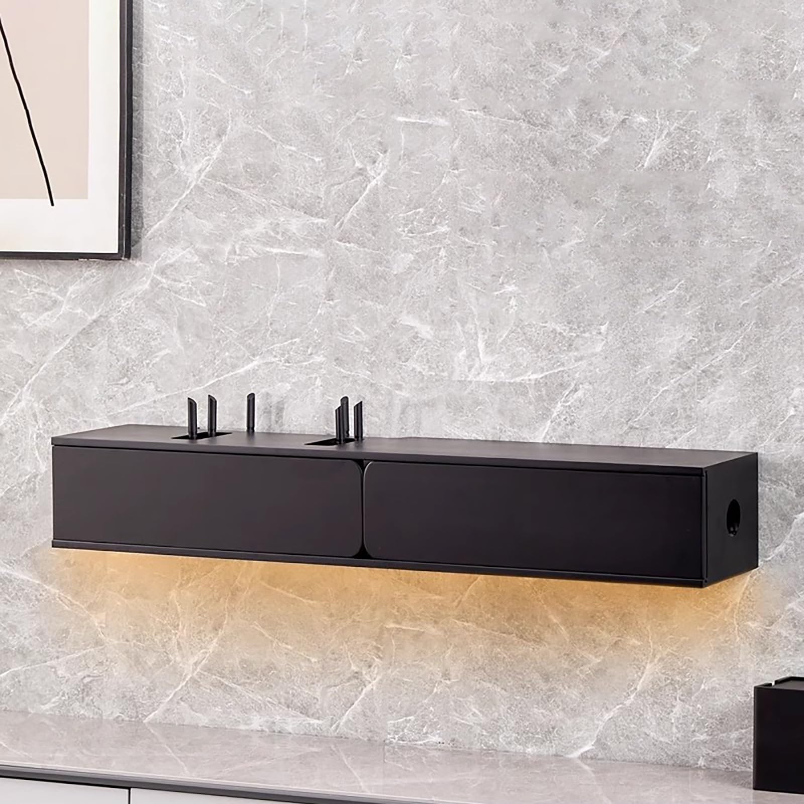 Support TV flottant à fixation murale, routeur WiFi avec dos creux pour la clarté du signal, deux portes, idéal pour la maison, la chambre à coucher, le salon
