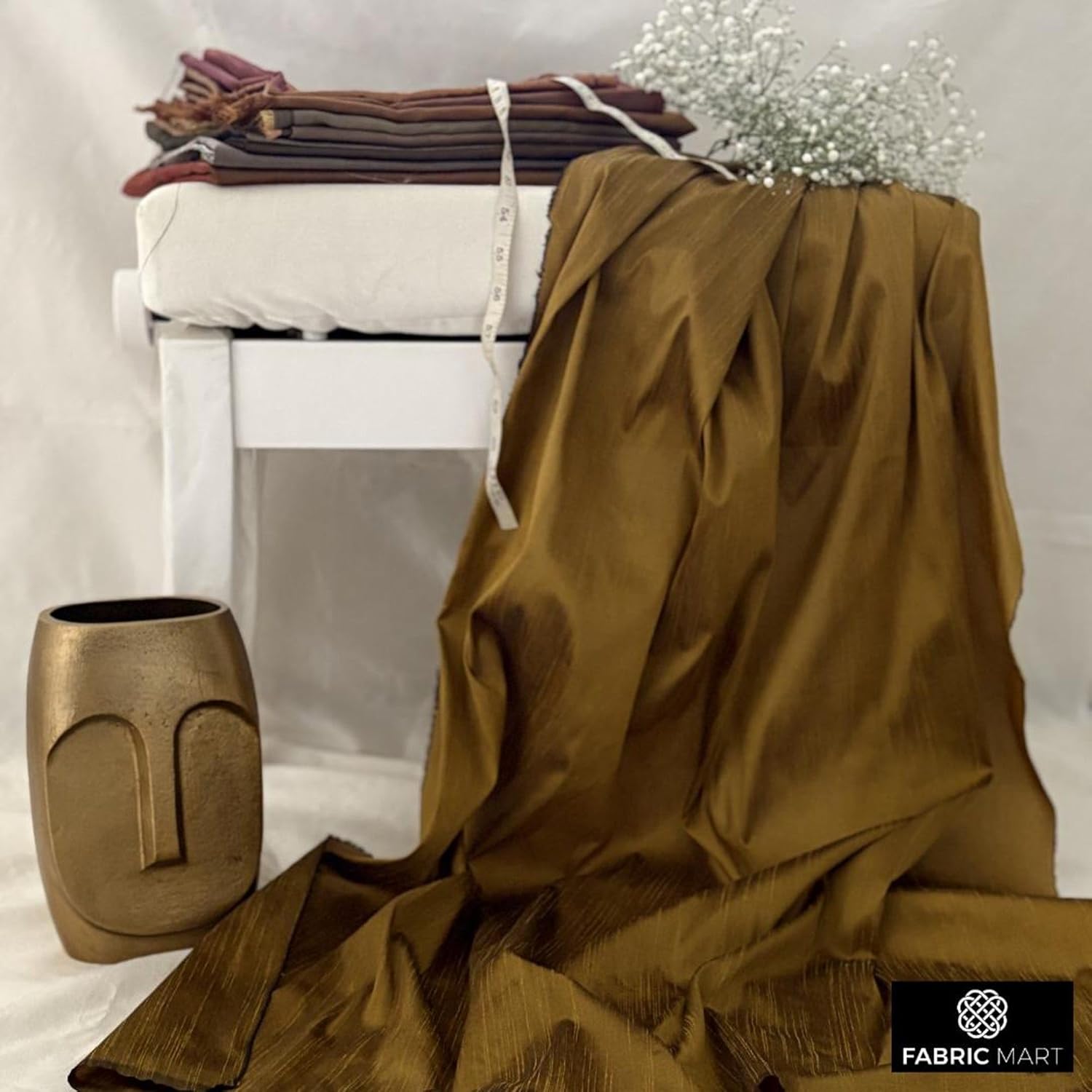 Fabric Mart Direct Dark Gold Faux Silk/Art Silk Fabric By The Yard, 2 Continuous Yards 44 inches Width Slubeed Faux Silk Solid Color Gold Wholesale Upholstery Fabric for Curtains