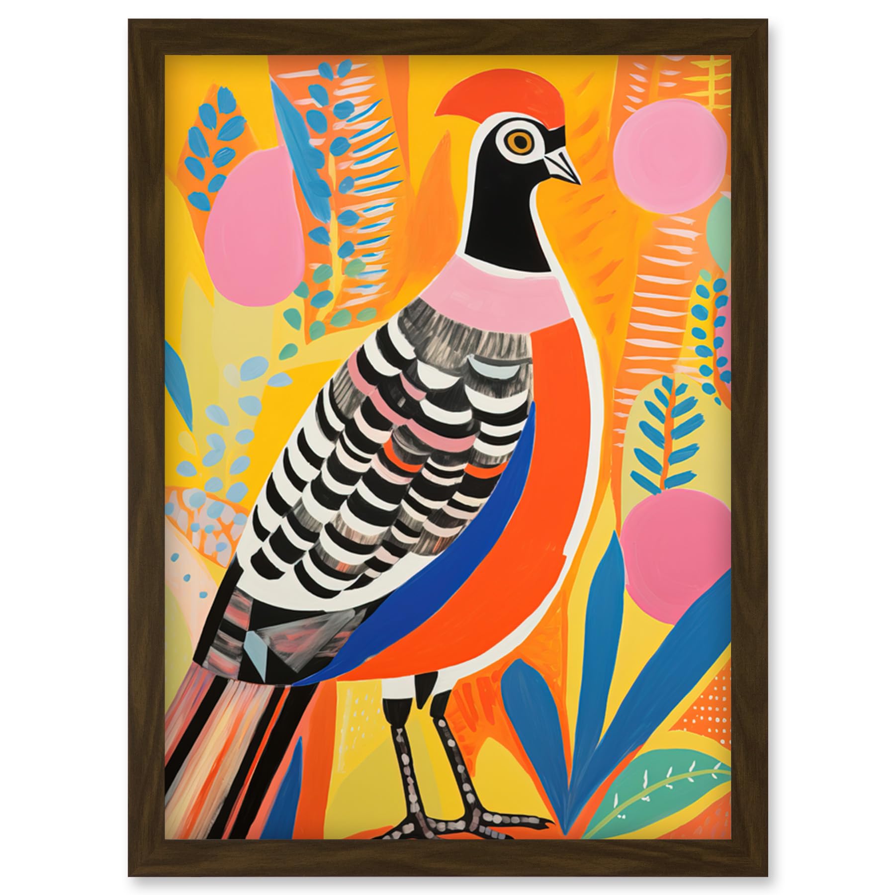 Artery8 Pleasant Pheasant Bright Bold Vibrant Colourful Grassland Acrylic Painting Artwork Orange Pink Blue Folk Art Artwork Framed Wall Art Print A4