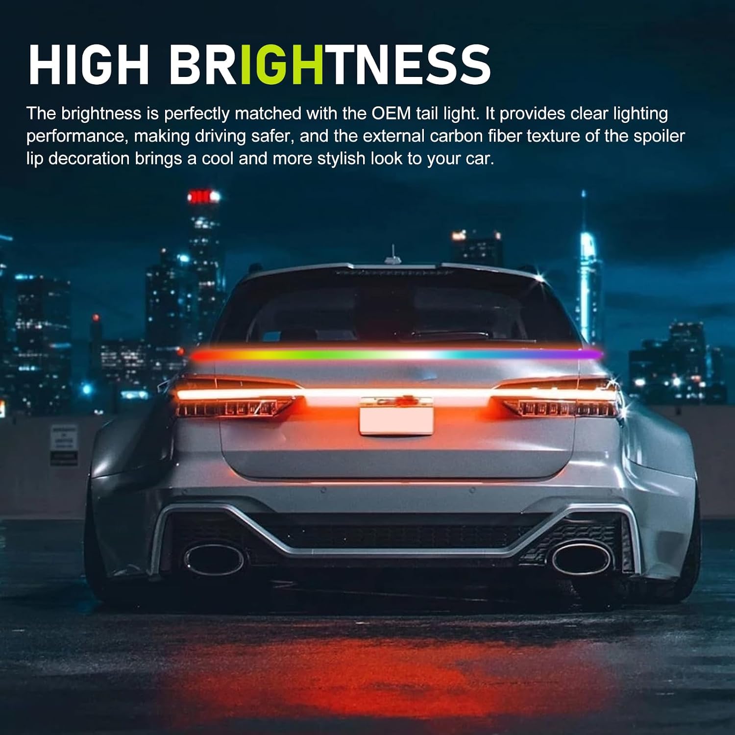 Car Light Up Spoiler, Carbon Fiber Streamer Colorful LED Tail Light Strip, 12V Self-Adhesive Rear Roof Spoiler Strip Lights with Turn Signal Reversing Brake Light, Exterior Modified for Cars