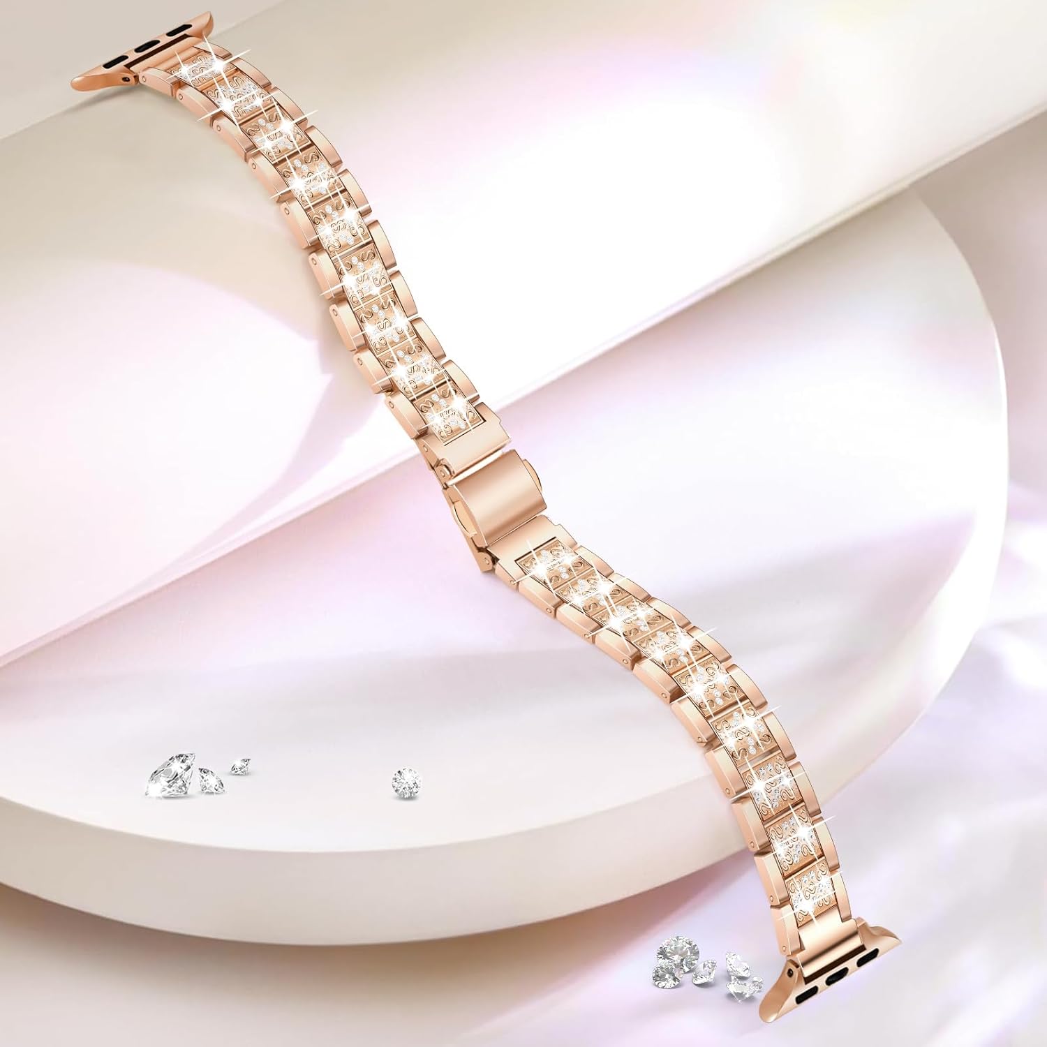 Slim Rose Gold Bling Band for Women Compatible with Apple Watch 38mm 40mm 41mm 42mm (S10/11) Jewelry Replacement Sparkly Diamond Metal Thin Strap for iWatch Series 11/10/9/8/7/6/5/4/3/2/1/SE - Image 7