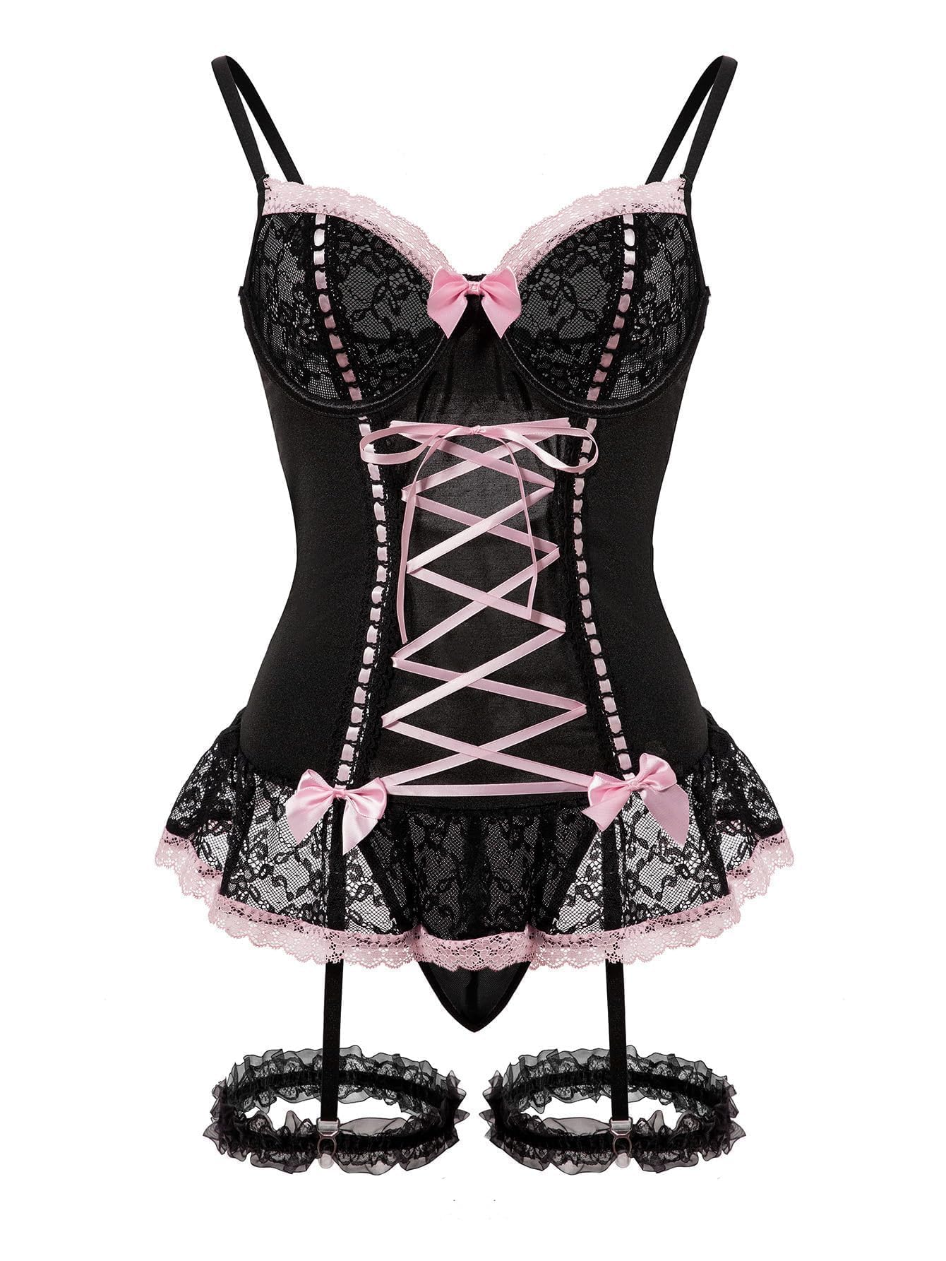 GXNRHG Corsé de Malla Sexy con Volantes y Encaje con Aros, Liguero Transparente, picardías, Conjunto de lencería con Tanga, 3 Piezas