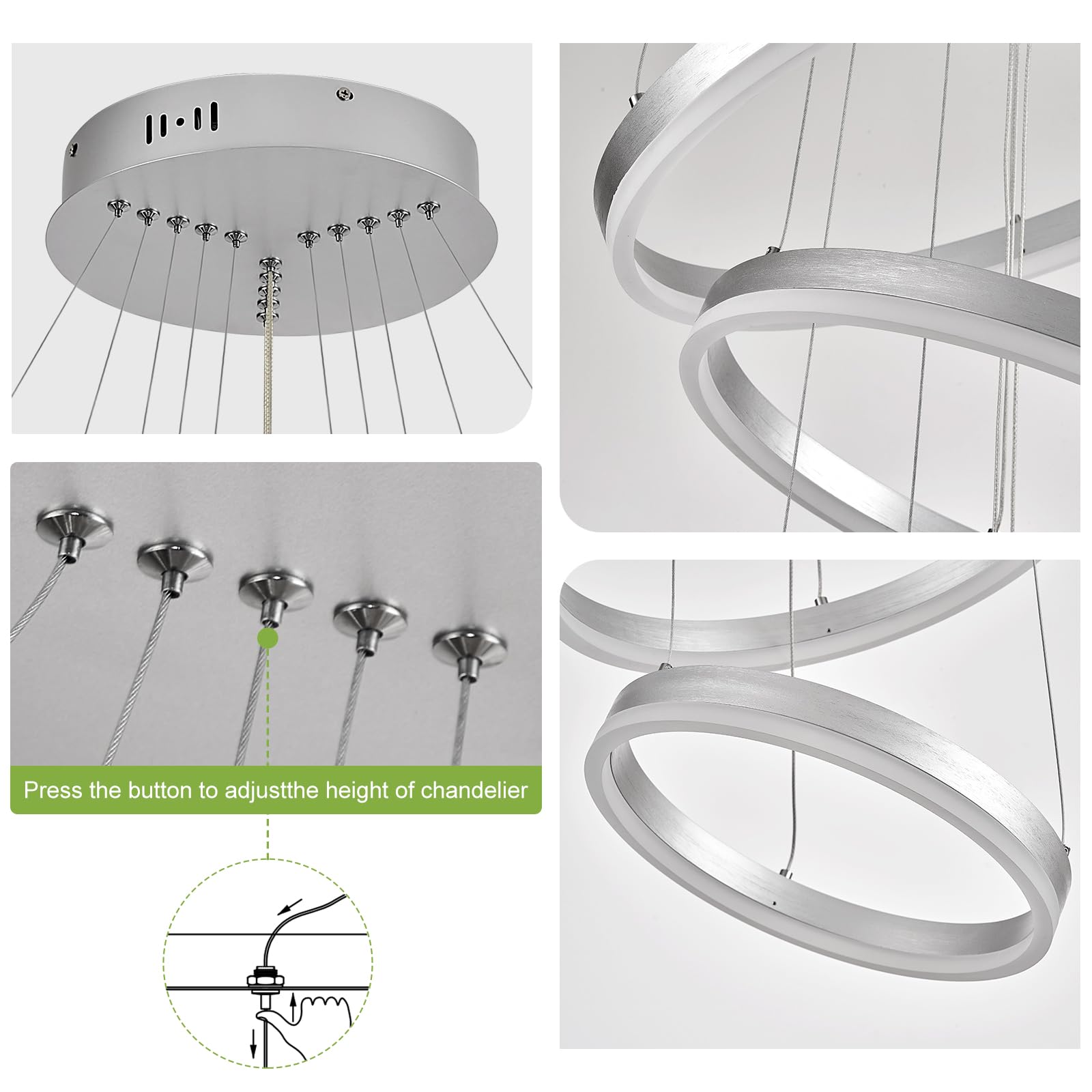 Benkut 5-Rings Modern LED Chandelier Silver High Ceiling Chandelier with Remote Control Dimmable Contemporary Chandeliers for Dining Room Foyer Living Room Entryway Staircase(3000K-6500K, D23.6â€™â€™)