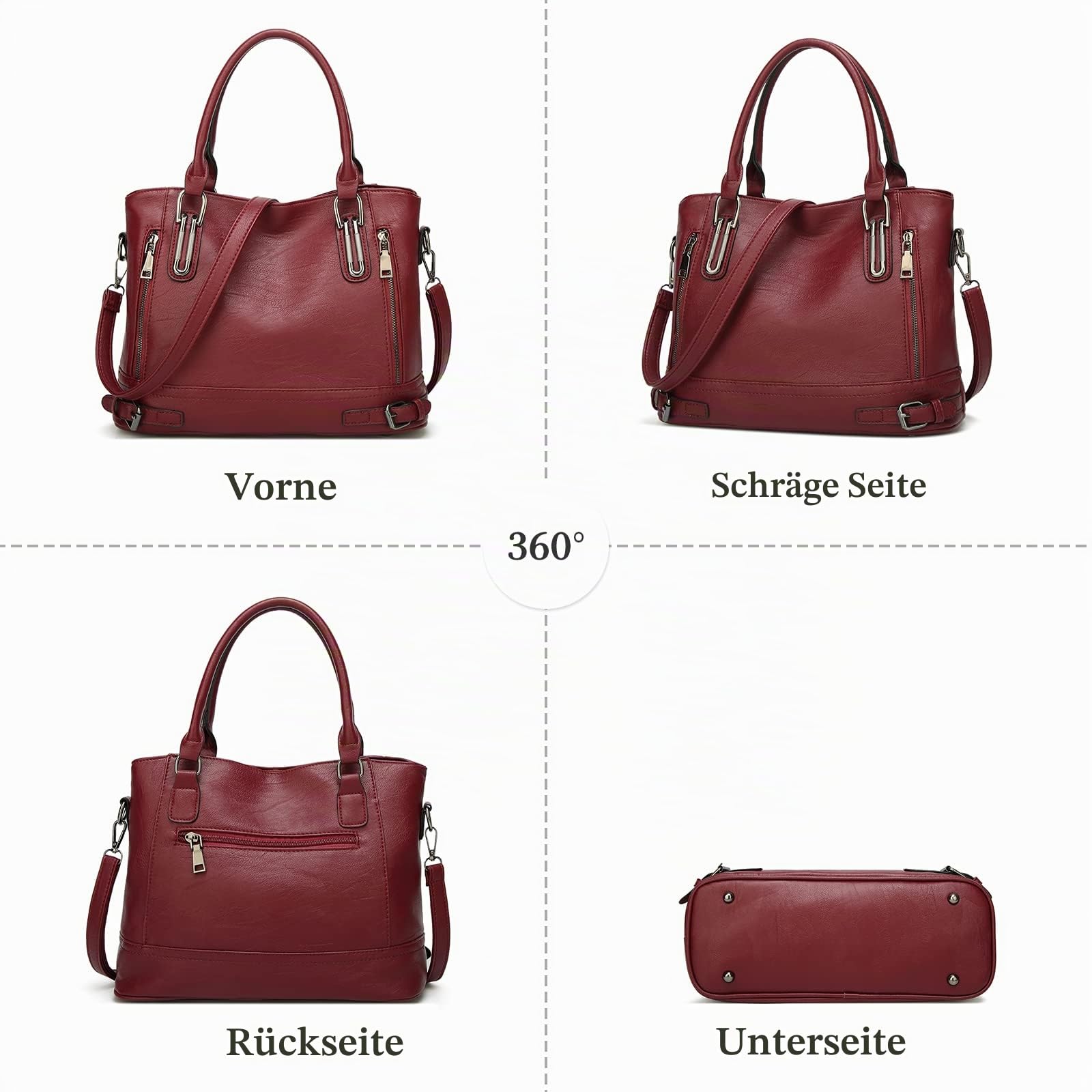 FANDARE Leichte Handtschasche Vintage Schultertasche Damen Umhängetasche Frauen Schulranzen PU Leder Wasserdicht für Shopper Reisen Arbeitstasche Messenger Tote Bags Weinrot