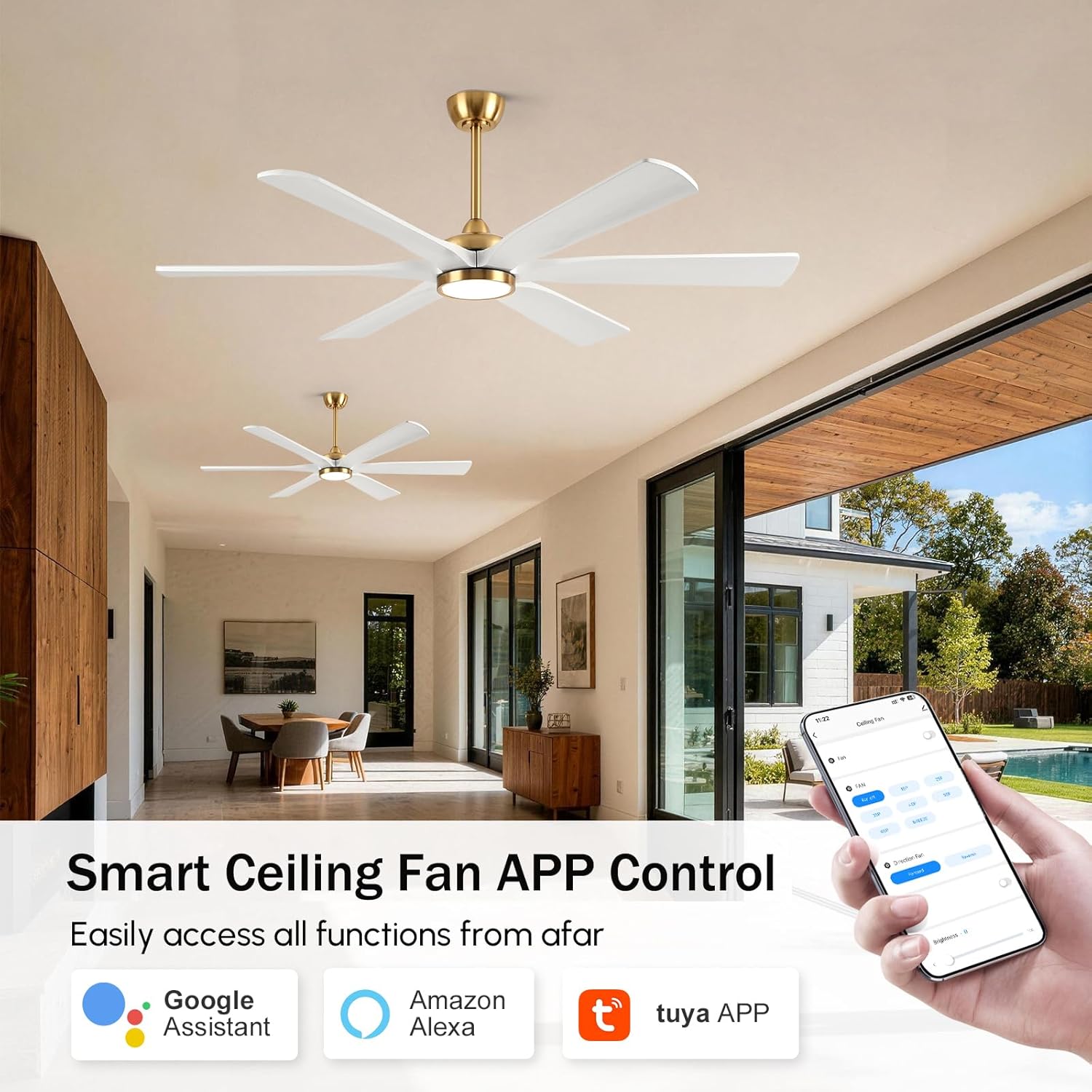 72 Inch White Gold Ceiling Fan with Light Remote, Outdoor Smart Ceiling Fans for Patios, 6 Solid Wood Blades, Large Quiet Reversible DC Motor, Damp Rated for Indoor Exterior, Alexa & App Compatible