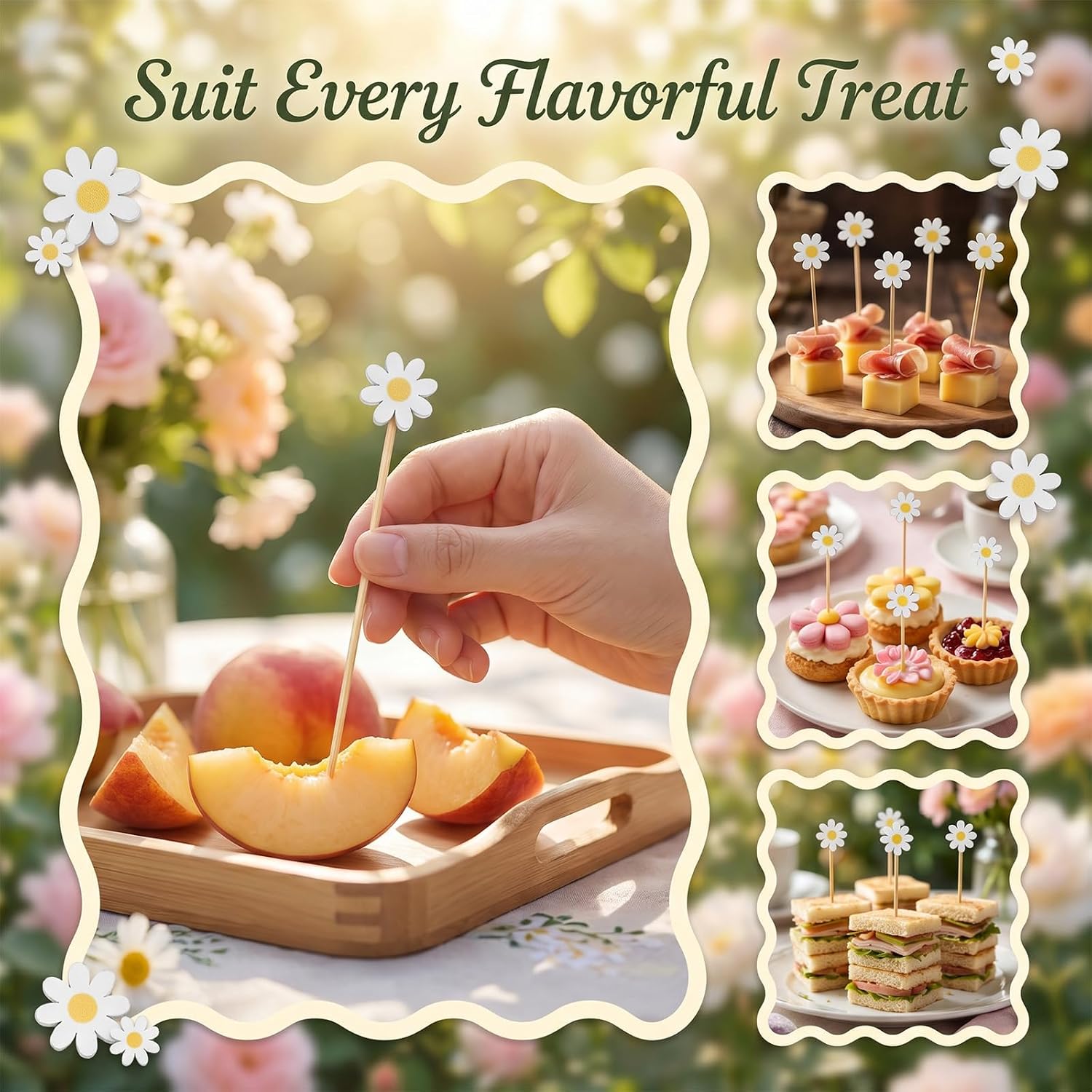 50Pcs Daisy Cocktail Picks 4.7 Inch Flower Cocktail Toothpicks Bamboo Daisy Fruit Skewers Decorative Toothpicks Food Sticks for Sandwich Drinks Floral Party Decorations Charcuterie Accessories