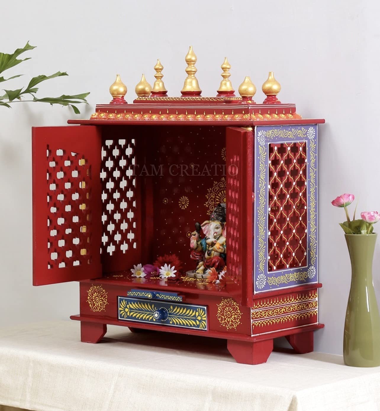 TAM Creatio Wooden Pooja Mandir |Indian| |Hindu| |Decoration| |Puja| |Cabinet| |Temple| |Bhagwan| |Stand| |Mandapam| |Wall| |Hanging| Decor for Home in USA (24x12x30 Inches) (22x11x28 Inches), Red