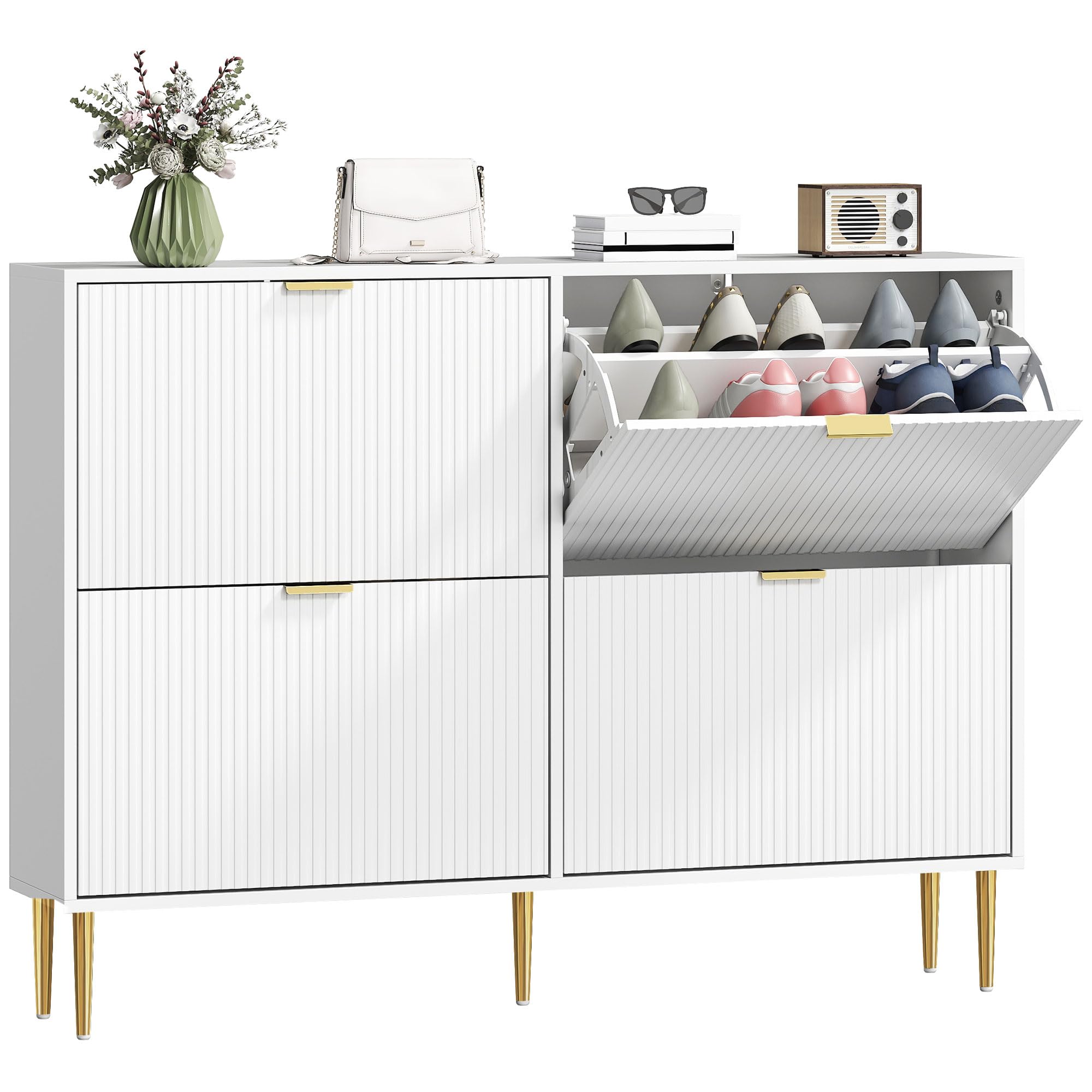 HOMCOM Narrow Shoe Cabinet with 4 Flip Drawers, Modern Slim Shoe Storage Cabinet with Fluted Doors and Adjustable Shelves for Hallway, Holds 10-20 Pairs, White