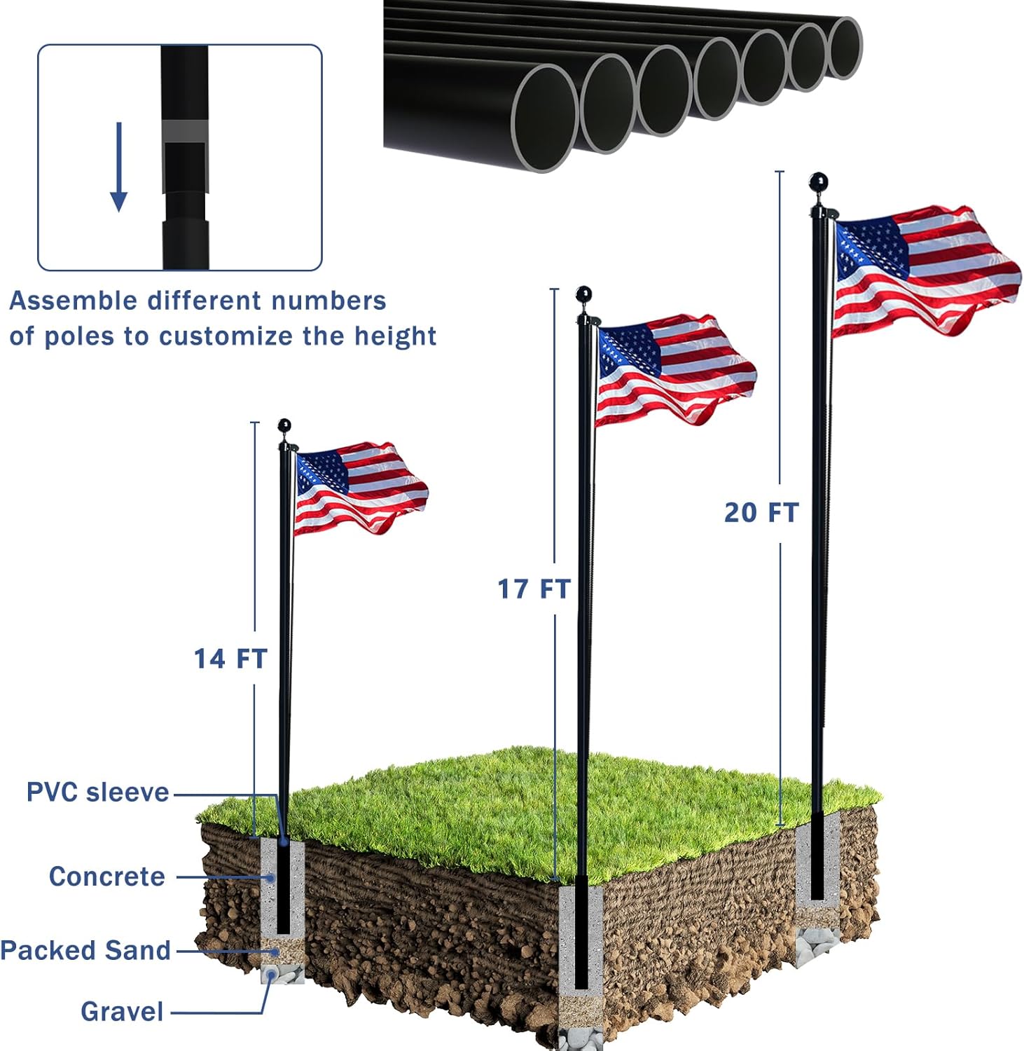 NQ 20FT Flag Pole in Ground for Outside House, 14-Guage Aluminum Flag Pole Kit, Heavy Duty Sectional Flagpole for Outdoor with 3x5FT Flag (Black)