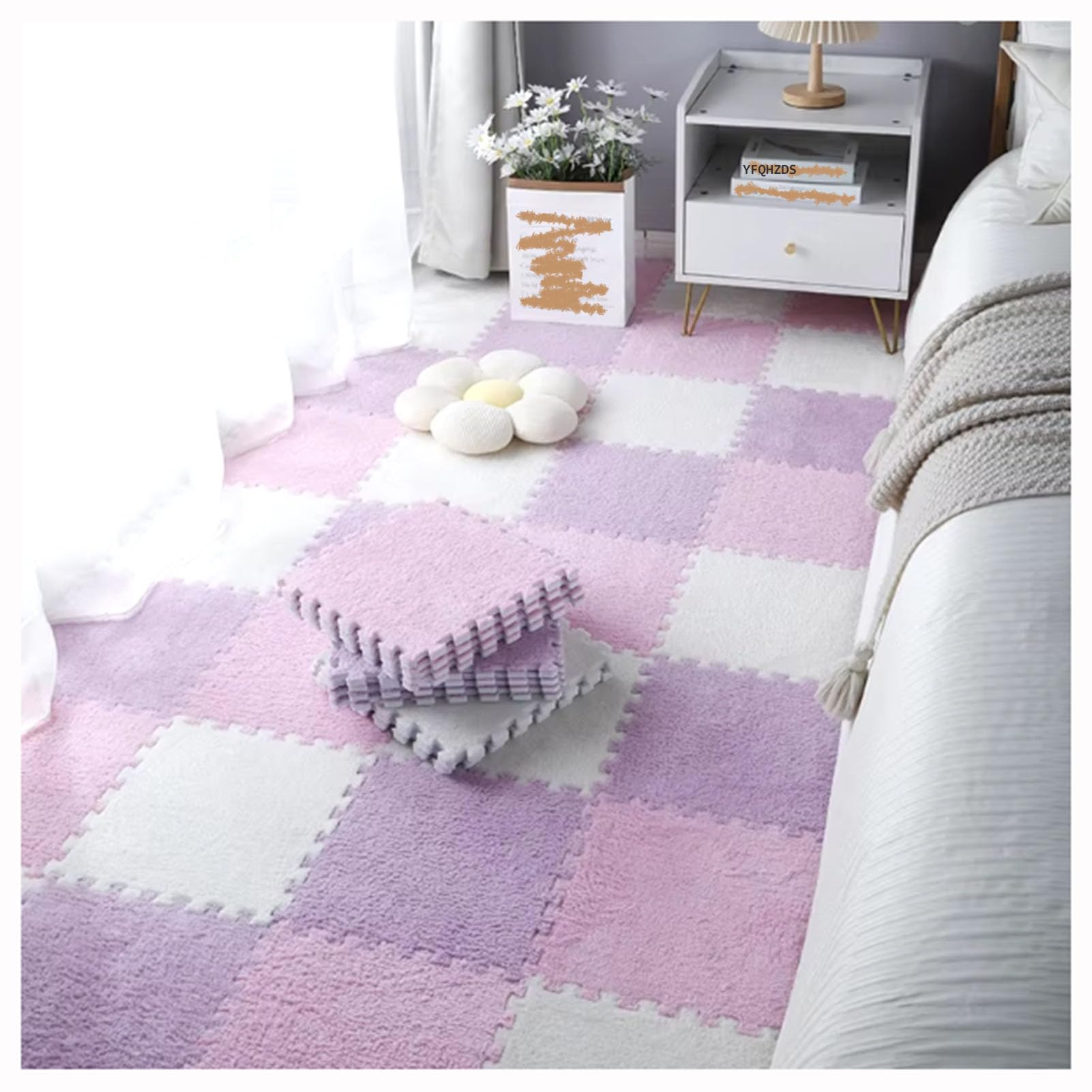 Tappetino Puzzle Tappetino Puzzle in Schiuma, Confezione da 100 Piastrelle for Moquette in ad Incastro Multicolori 12x12 Pollici(Purple+Pink+White)