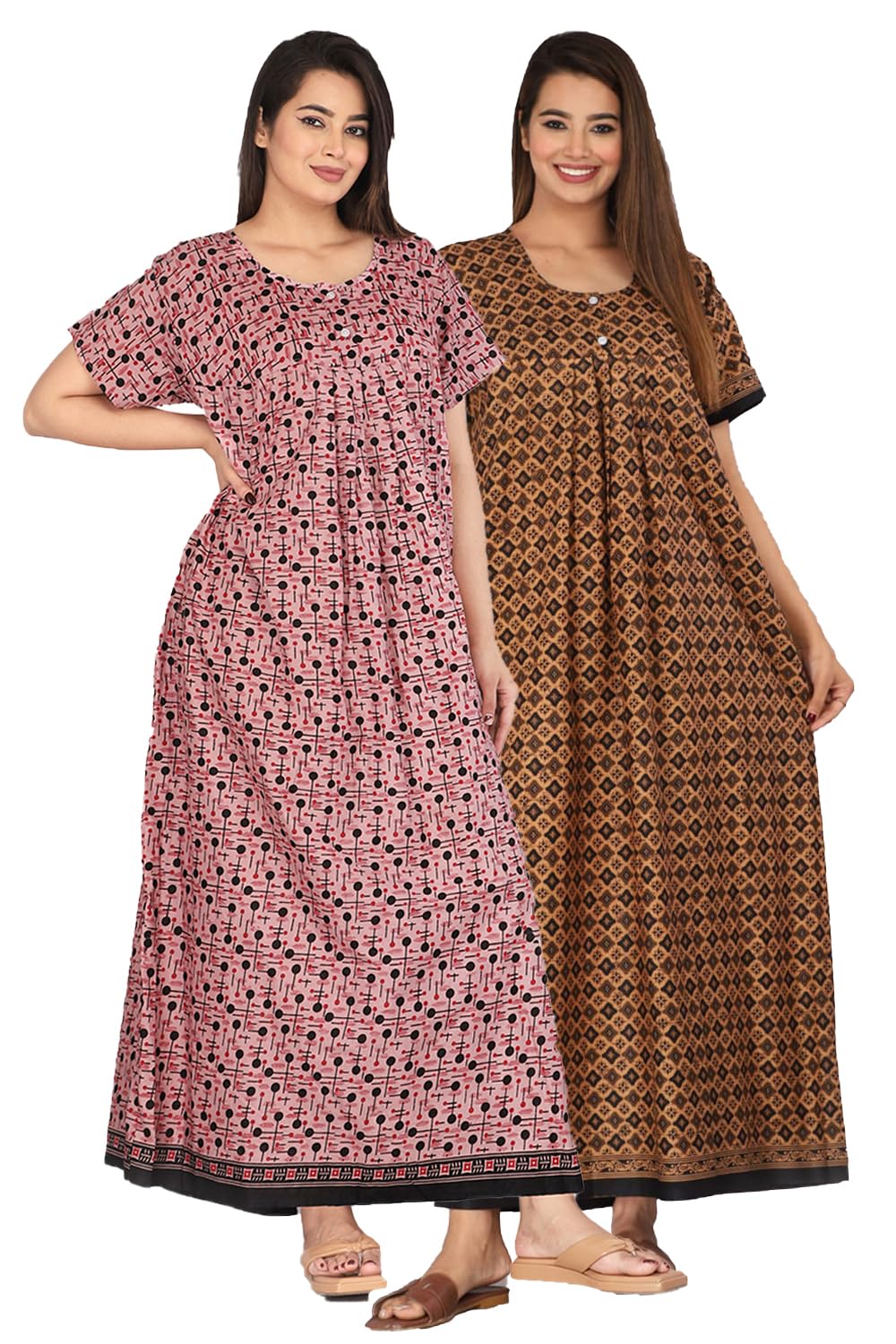 kuruti b sheets Nighty for Women Cotton Combo (Pack of 2) Nighty Gown Round Neck Short Sleeves Jaipuri Maxi Gown Printed Free Size-picture-27