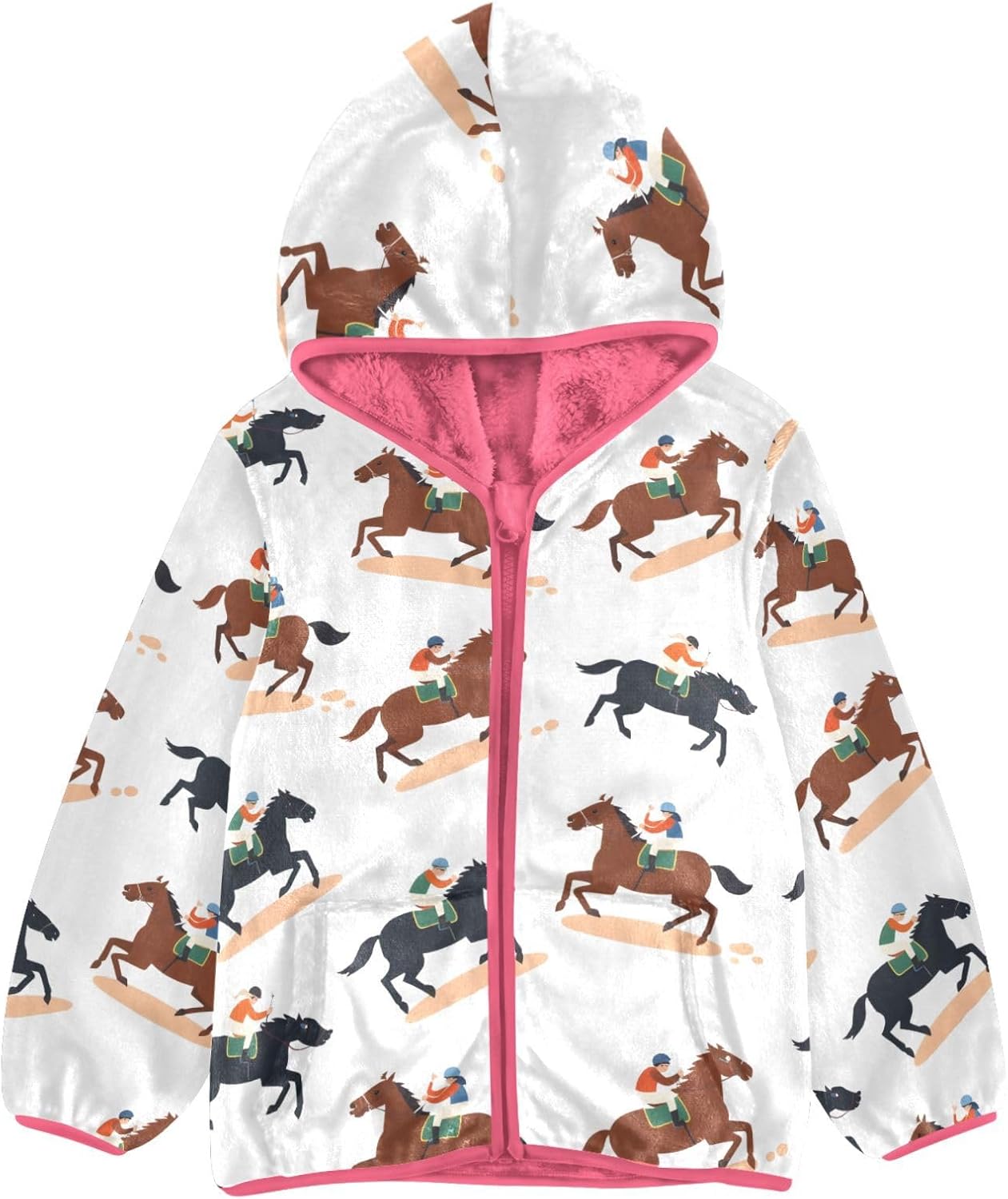 Girls Hoodie Outfit Horse Racing Pattern Zipper Sweatshirt Coat Fleece Jacket for Kids 3-10T