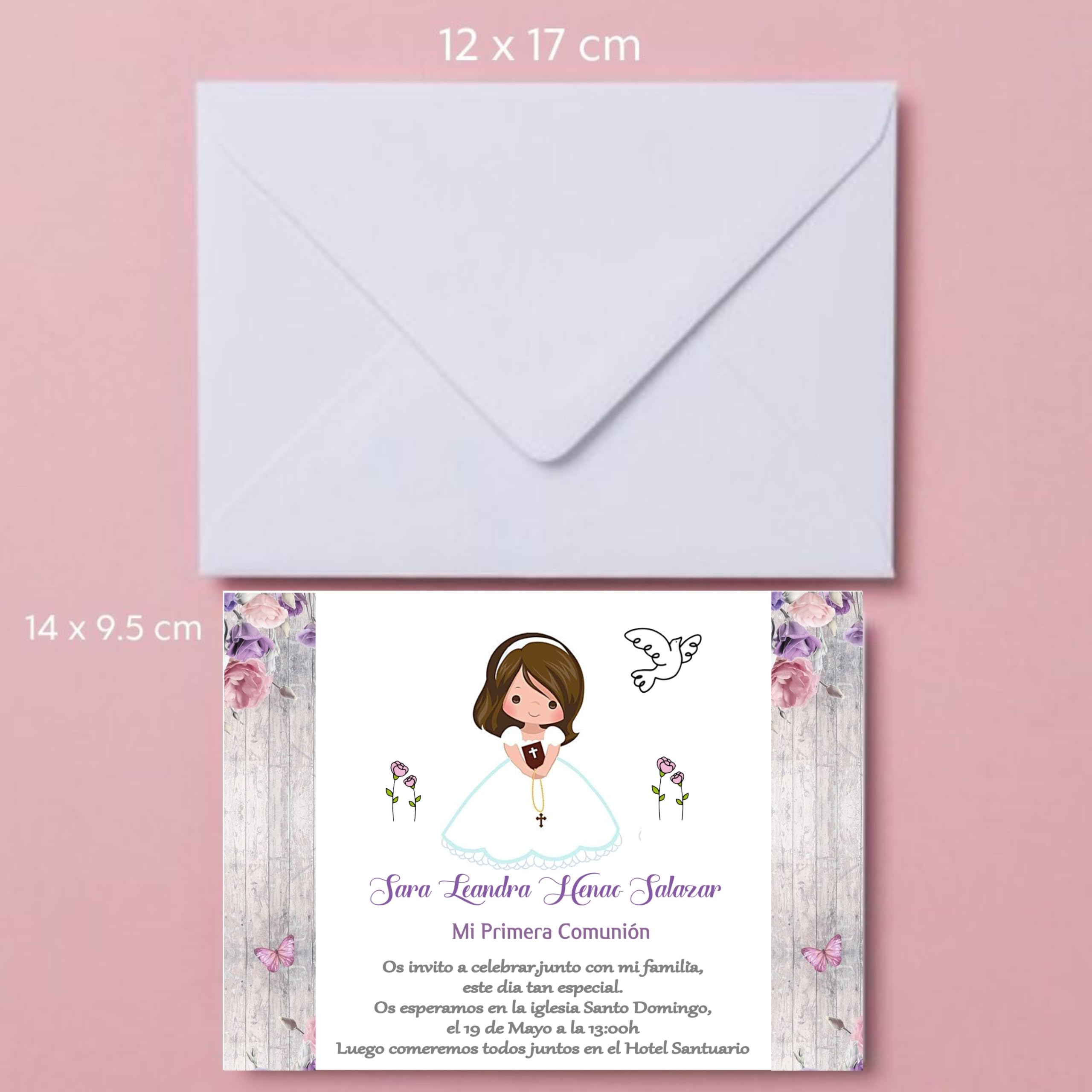 Invitación Comunión Niña. Pack 32. Unidades. Recuerdo de Comunión Niña. Detalles Invitados Hecho en España. (LILA, NIÑA 1)