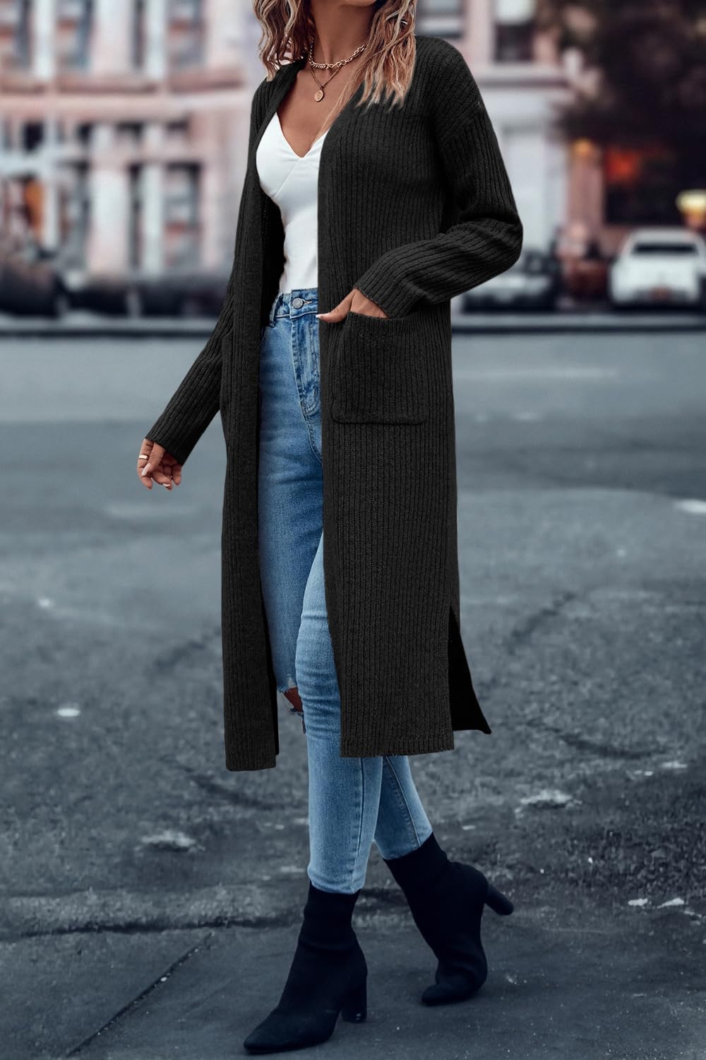 Danedvi Long Cardigan Sweaters for Women Ribbed Knit Open Front Long Sleeve Oversized Fall Casual Coat with Pockets - Image 3