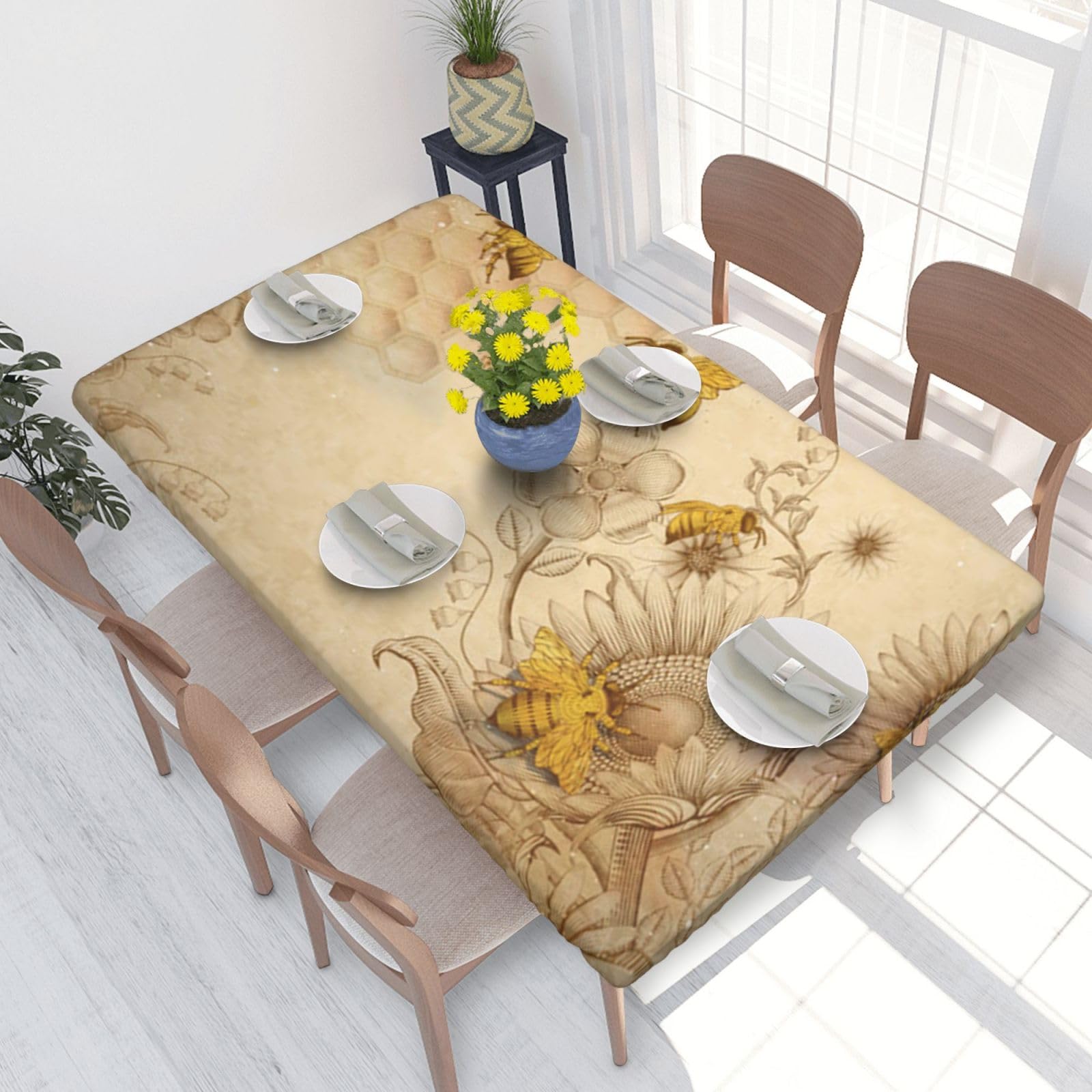 BNVSADC Rural Honey Bees Wildflowers Printed 4FT Tablecloth 122x76 CM Polyester Kitchen Water Resistant Table Cloth Dining Table Decoration Table Covers