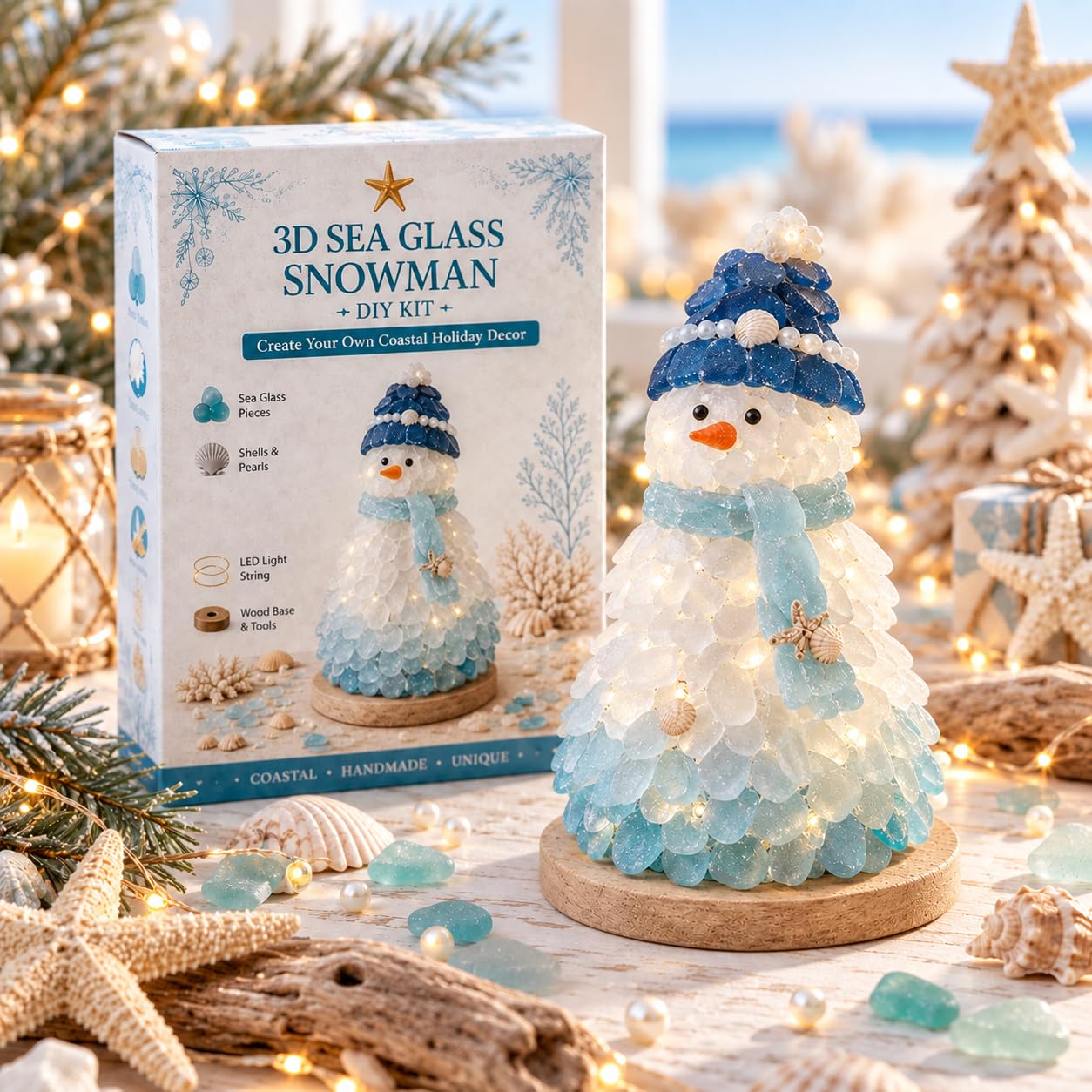 DIY Sea Glass Crafting Kits Christmas Tree with Lights, 3D Handmade Set, E