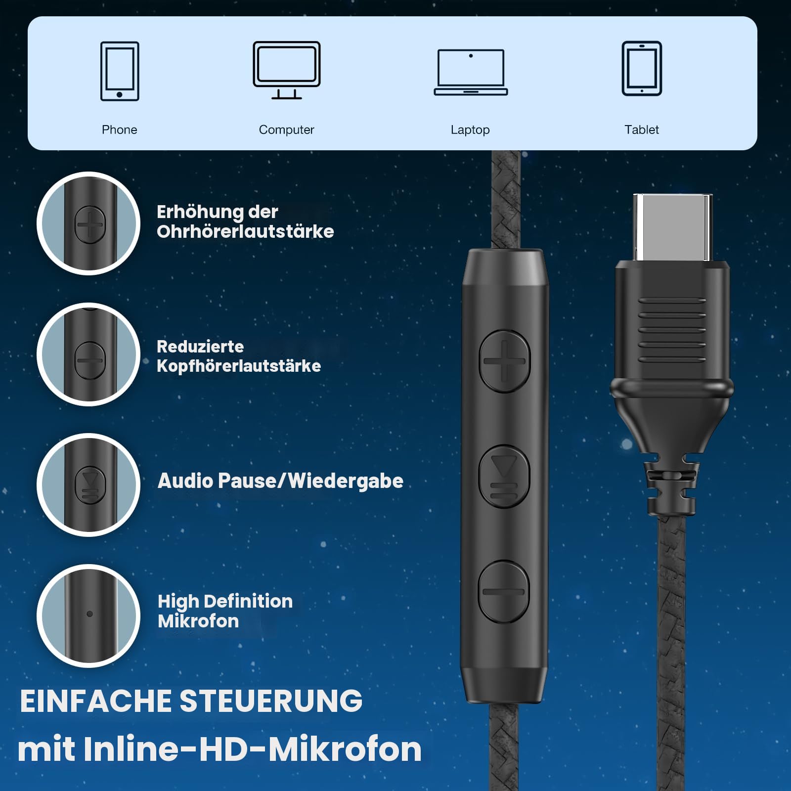 Cowyawn USB-C-Kopfhörer kabelgebunden, Over-Ear-Kopfhörer mit Mikrofon, Lautstärkeregler, HD-Stereo-Sound, faltbare,leichte Kopfhörer für Erwachsene/Teenager/Chromebooks/Laptop/Computer/Reisen,Schwarz
