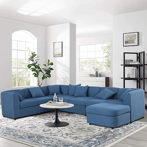 Springfavor Sofá modular grande azul para sala de estar de 245 pulgadas asiento extra profundo sofá modular modular con esquina curvada de 7