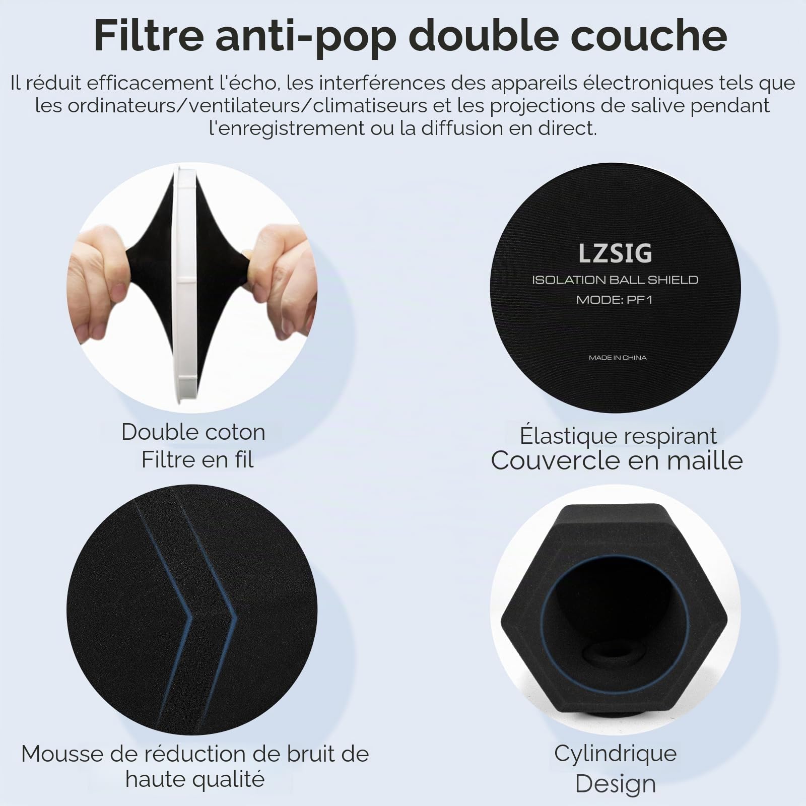 LZSIG Boule d'isolation professionnelle pour microphone avec filtre anti-pop à 2 couches pour micro, filtre de réflexion pour les studios d'enregistrement, mousse haute densité pour une excellente