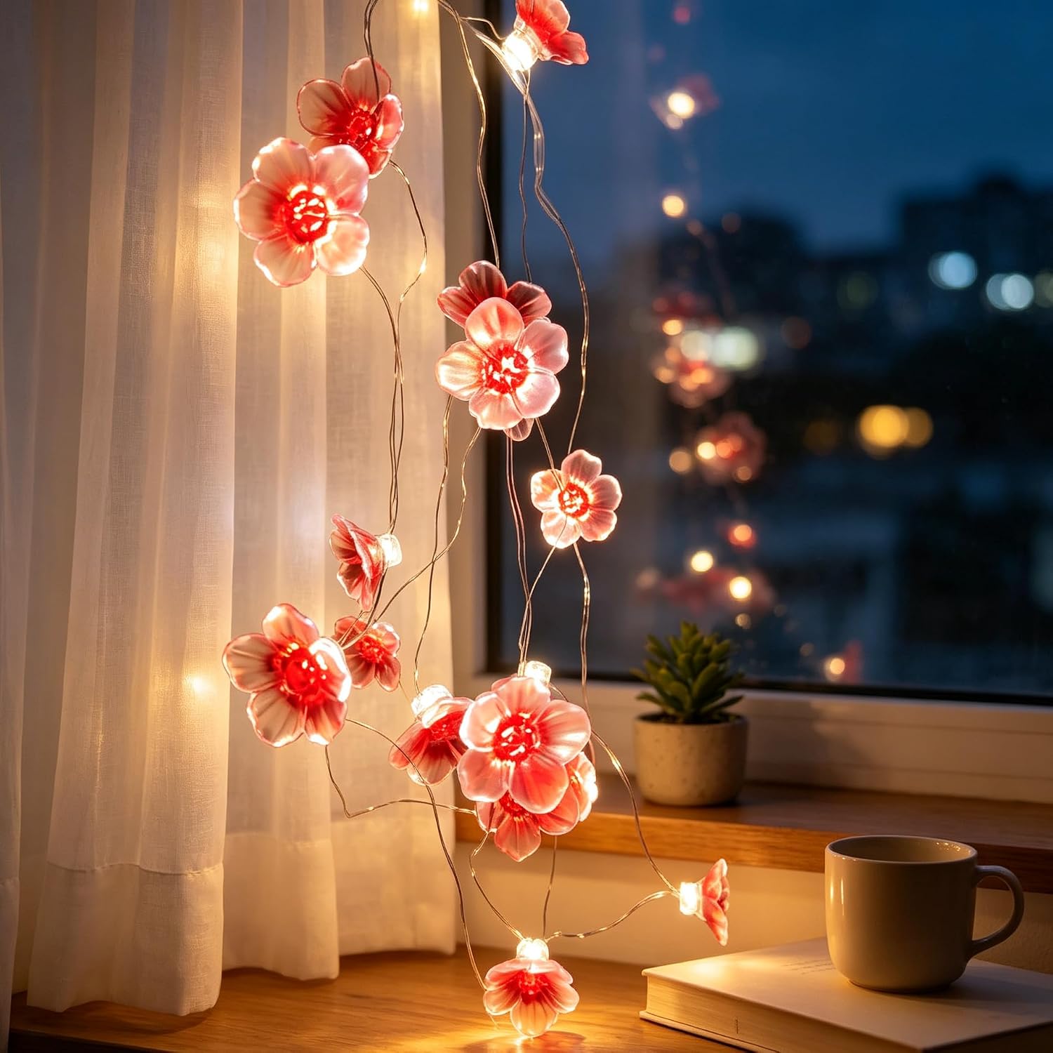 Fantasee Cherry Blossom Flower String Lights,10ft 30LED Sakura Copper Wire Fairy Lights Battery Operated for Bedroom Home Indoor Outdoor Wedding Birthday Party Decor (Red, 10ft)