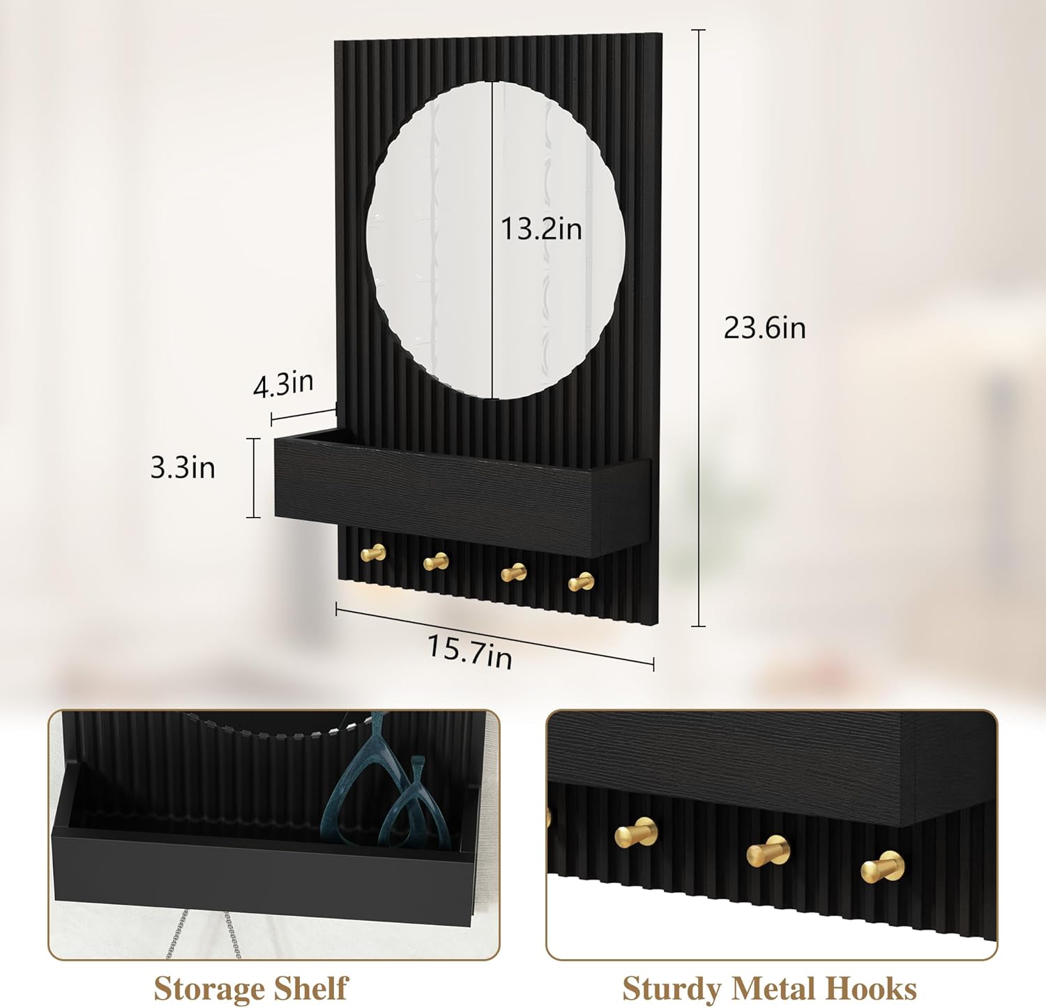 ARTPOWER Wood Wall Mirror with Shelf&Hooks, 24"x16" Black Wall-Mounted Mirrors with Streamlined Texture Hanging Decorative Modern Mirrors for Entryway, Bathroom, Bedroom, Living Room