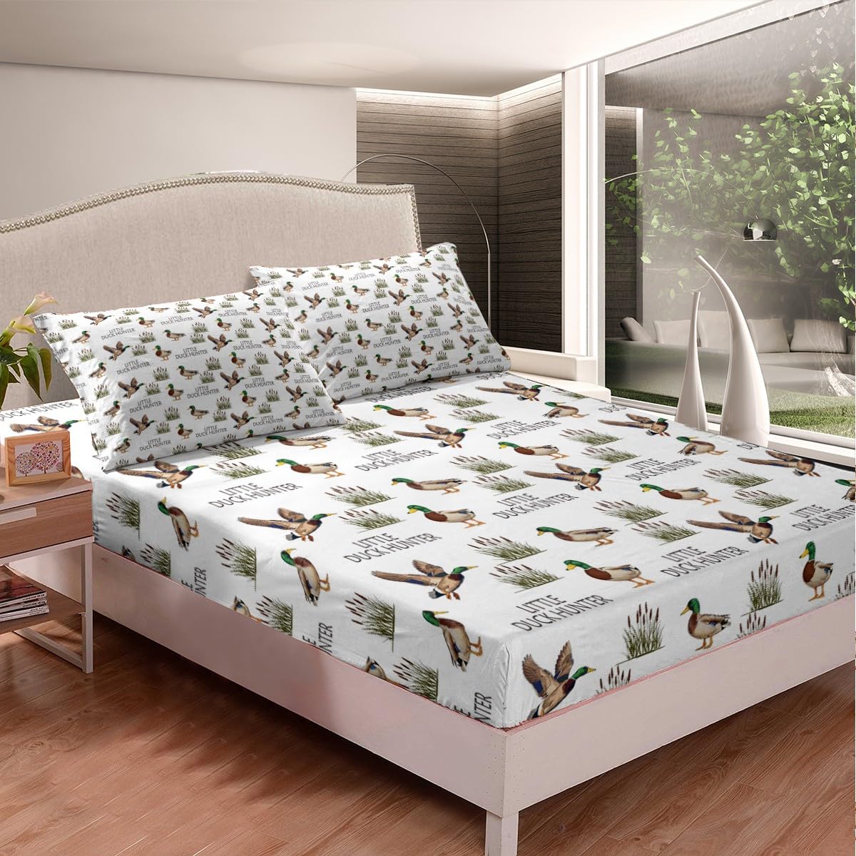 Erosebridal Mallard Duck Fitted Sheet Queen Size,Wild Duck Hunting Theme Bedding Set for Kids Teens,Rustic Lodge Cabin Farmhouse Sheets,Woodland Bird Hunter Weed Bed Sheets Room Decor