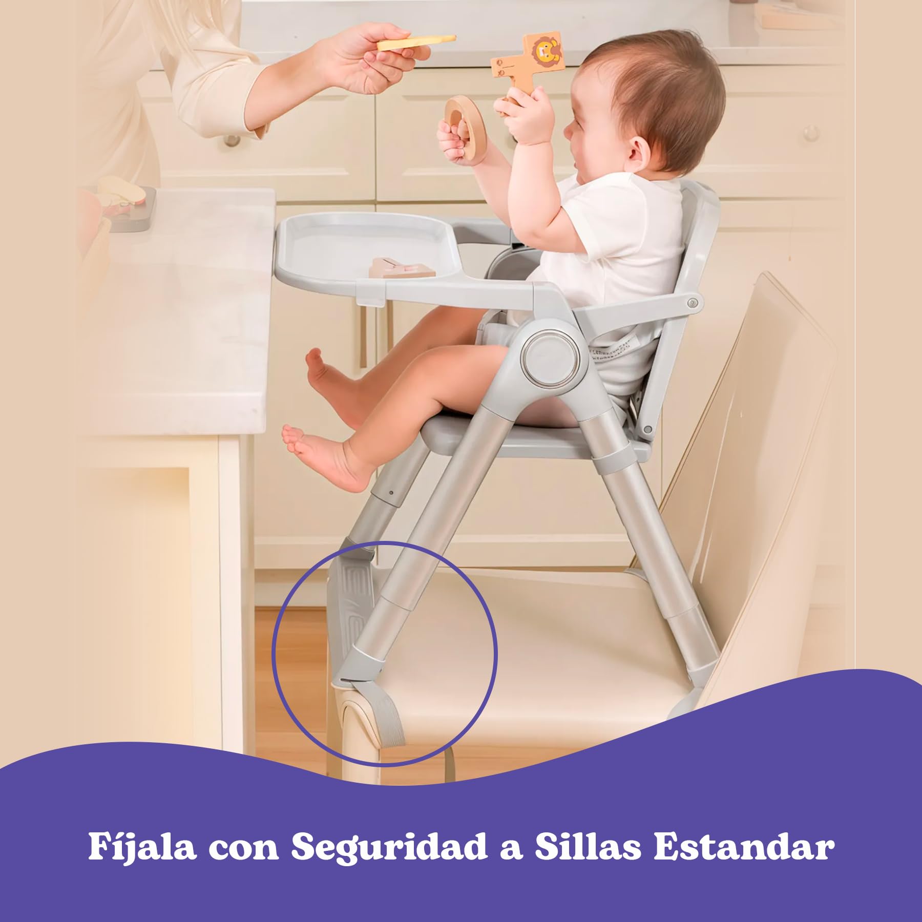 Trona Portátil Plegable Premium para Bebé 2 en 1, Elevador de Silla con Correas de Fijación, 4 Alturas, Bandeja Extraíble, Bolsa de Transporte, 6-36 Meses, hasta 15 kg (GRIS + PLATA)