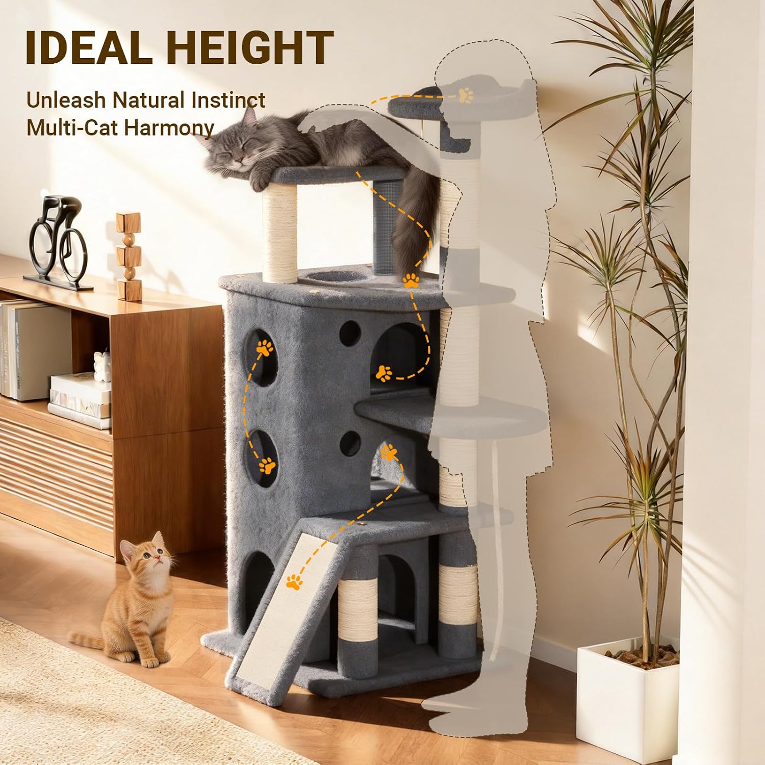 【Tank-Sturdy】 PetDance【FAS Premium Board】 Heavy Duty Cat Tree for Cats Fits Kittens to XL Maine Coons, Cat Tower with Scratching Posts & 3 Spacious Hideaway, Light Gray